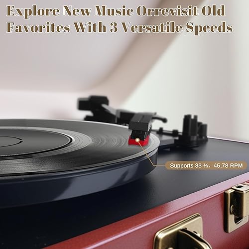 Miniatura 3 de Tocadiscos Vintage Suitcase, tocadiscos portátil Bluetooth de 3 velocidades con altavoces integrados, para discos de vinilo de 71012 pulgadas