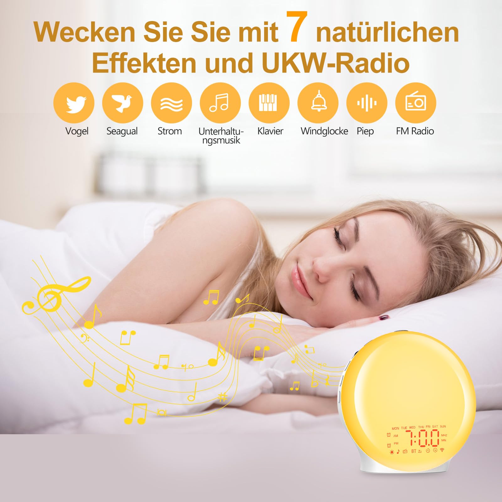 Suright Bluetooth Lichtwecker,Tageslichtwecker, Wake Up Light mit Sonnenaufgang Sonnenuntergang Simulation,17 Farblicht,22 Schlafgeräusche,Snooze,zwei Alarme,UKW-Radio, für schwere Schläfer&Kinder