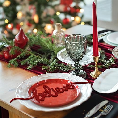 Miniatura 5 de Recortes de Navidad, tarjeta de lugar de mesa de madera, con texto en inglés "Believe Merry Peace Joyful", ajustes de lugar de vacaciones para
