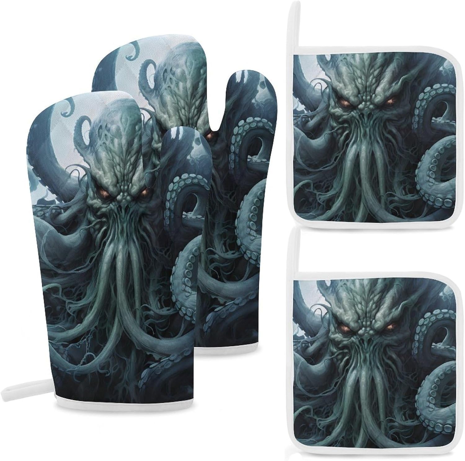 Cthulhus 4 Pcs Oven Mitts and Pot Holders Set High Heat Resistant Long Kitchen Oven Glove Potholders