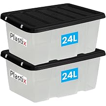 Plastix Clear Plastic Storage Box Boxes With Black Lids Home Office Stackable UK Made 2, 24L