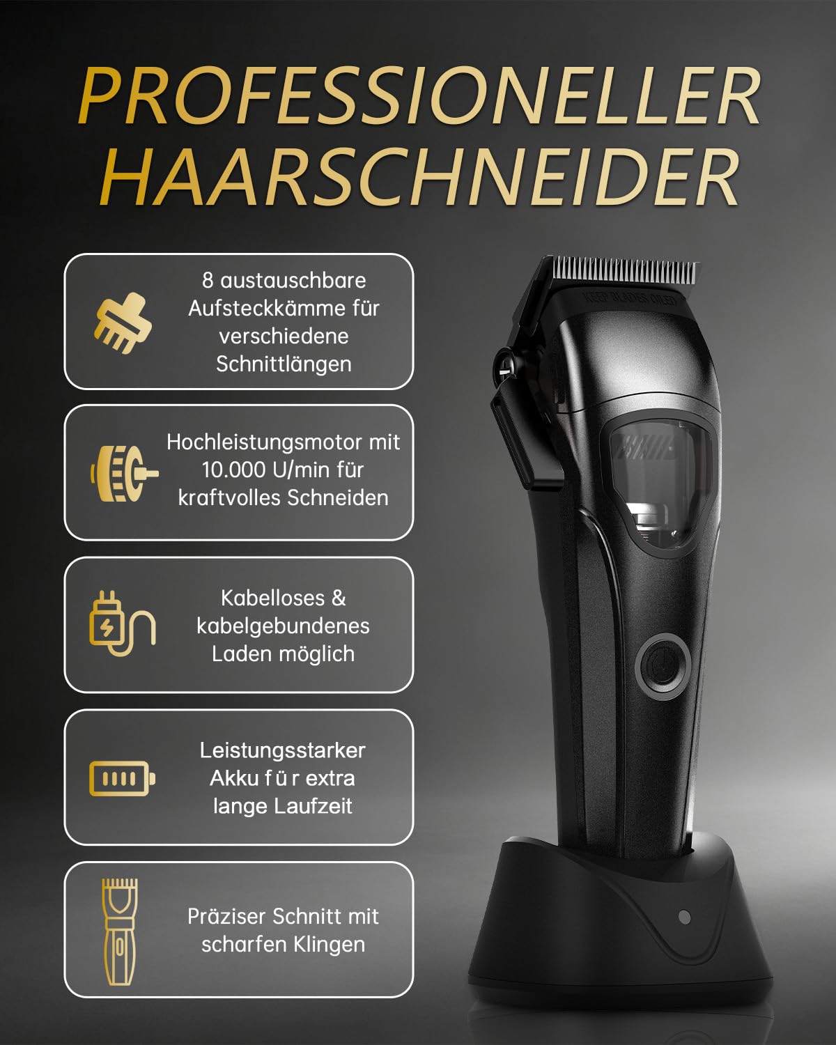 Rucha Akku Haarschneidemaschine Profi, 10.000 U/min Hochgeschwindigkeit Haarschneider Herren, Hair Clippers mit 8 Aufsteckkämme, 3 Std. Akkulaufzeit, für Haare, Bart & Körper, Zuhause & Barbershop