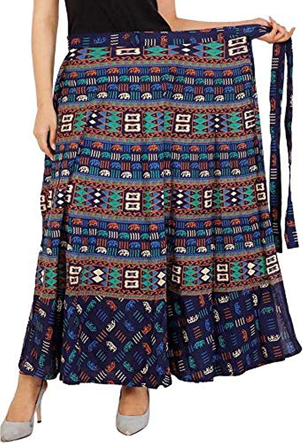 GenericPAYURI Fashion Woman’s Cotton Wrap Around Skirt Western Type Long Skirt Rajasthani Jaipuri Print Multicolor for Girls XXL Blue Small Elephant Print