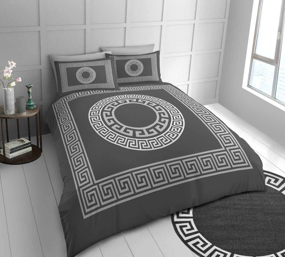 Lions Microfibre Bedding - Reversible Greek Double Bed Duvet Cover Sets with Matching Pillowcase, 100% Polyester Hypoallergenic Quilt Covers, Soft Geometric Pattern, Charcoal - 200x200cm