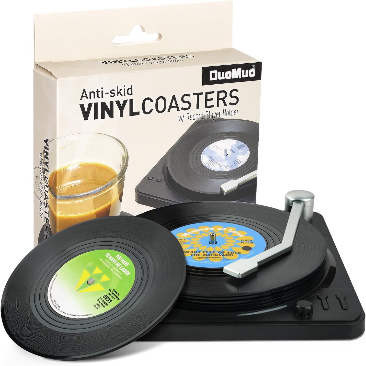 DuoMuo Funny Retro Record Coasters for Drinks with Vinyl Player Holder for Music Lovers,Set of 6 Conversation Piece Sayings Drink Coaster,Housewarming Hostess Wedding Registry Gift Ideas