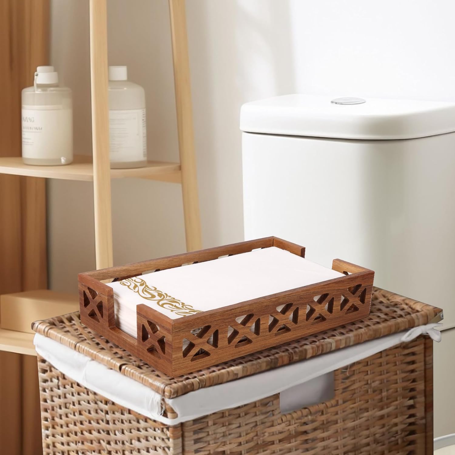 Acacia Wood Napkin Holder for Bathroom - Wooden Guest Towel Holder for Dining Table, Kitchen, Cocktail, Decor, Rustic Farmhouse, Bar, Party, Paper - Modern Disposable Hand Towel Holders, 9.5" X 5.5" - Image 7