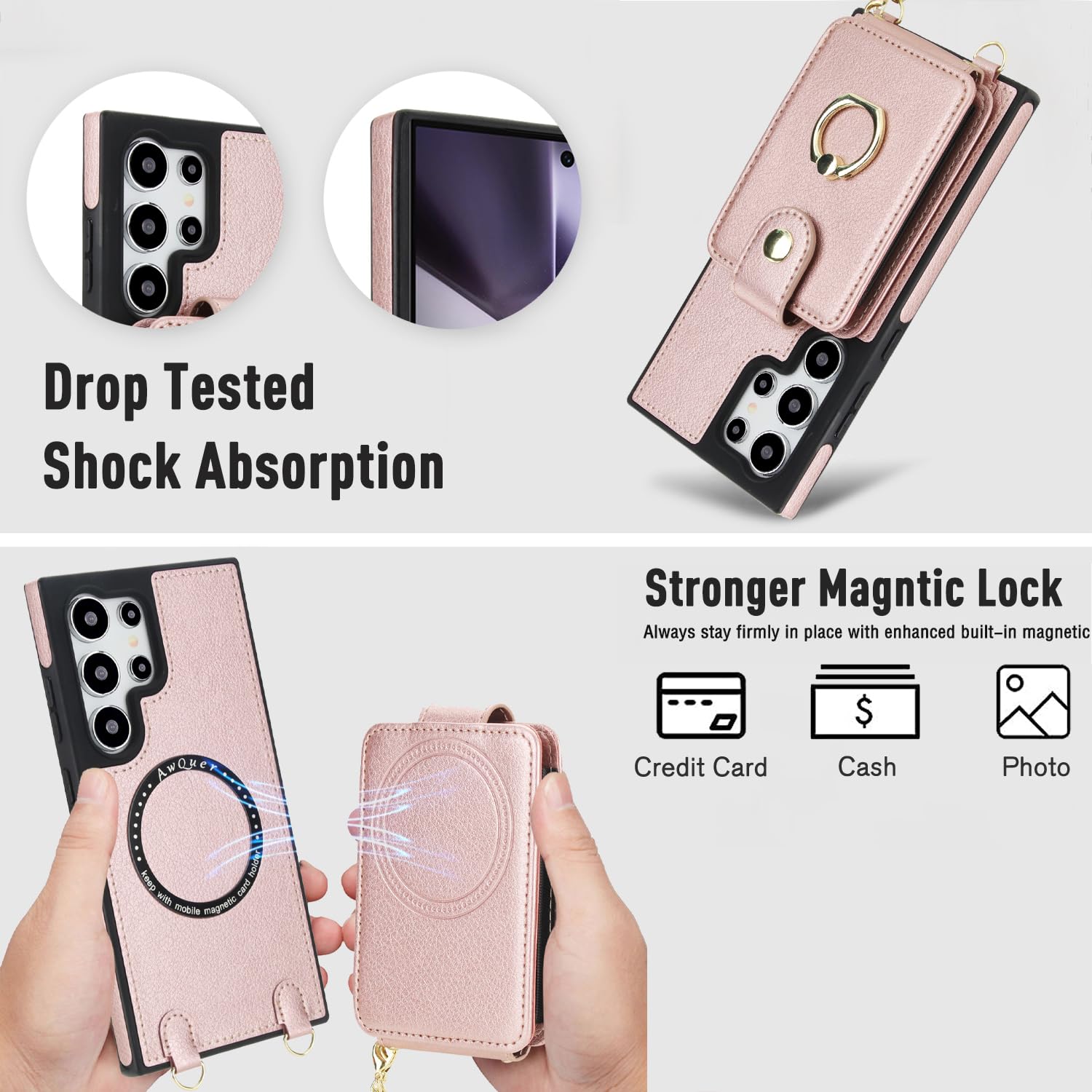 Custodia a portafoglio per Samsung Galaxy S24 Ultra 5G, chiusura magnetica rimovibile, con anello, cavalletto a tracolla, compatibile con MagSafe RFID Blocking S24Ultra, da donna, oro rosa