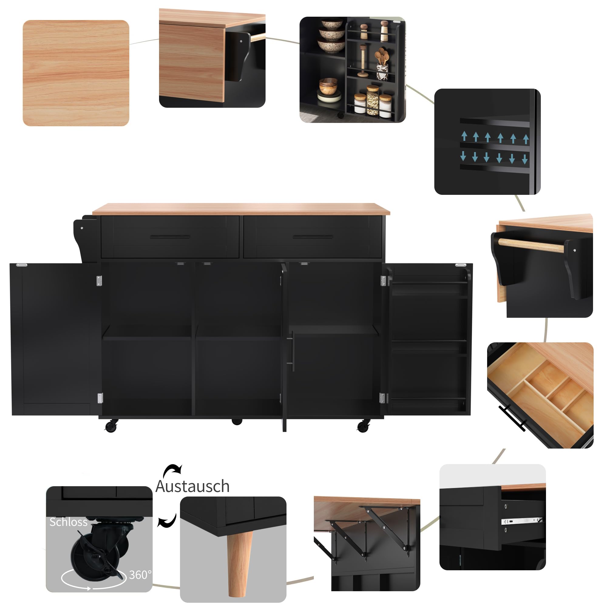 DRIXNO Kücheninsel Freistehend mit Klappbarer Arbeitsplatte Küchenschrank Küchenwagen auf 5 Rollen, mit Ablage und 2 Schubladen, Schwarz Für Esszimmer 129 * 71 * 91.5cm
