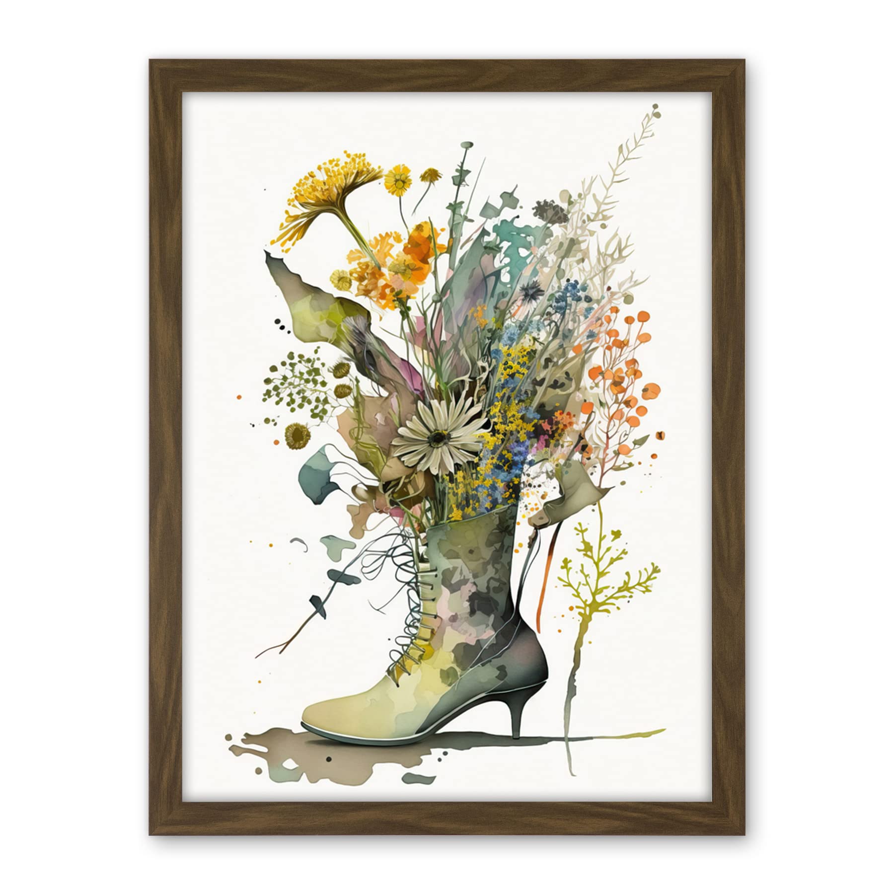Artery8 Spring Wildflower Bouquet Stiletto Military Boot Artwork Framed Wall Art Print 18X24 Inch