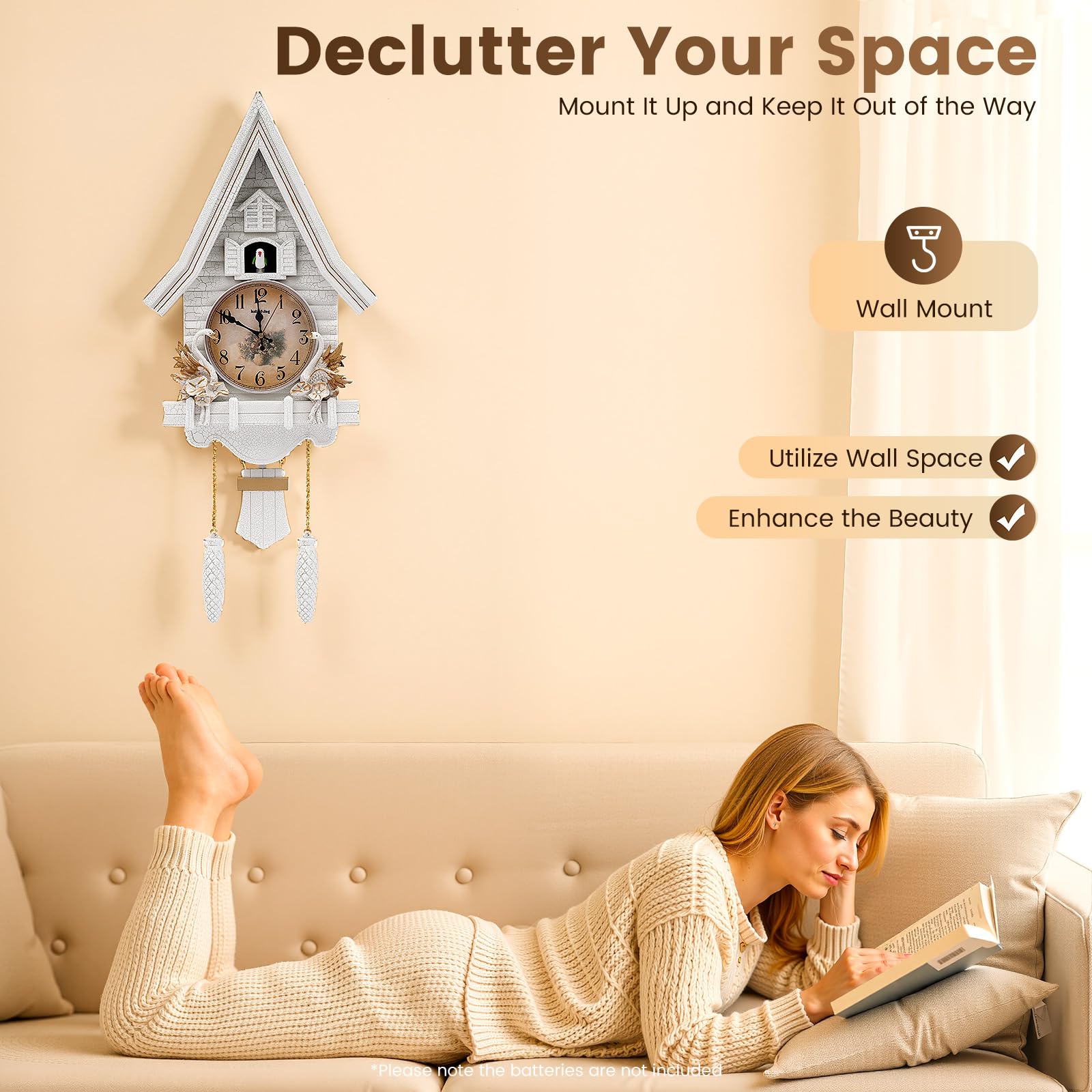 Reloj de cuco silencioso con volumen ajustable, funciona con pilas, para casa, salón, oficina, color blanco