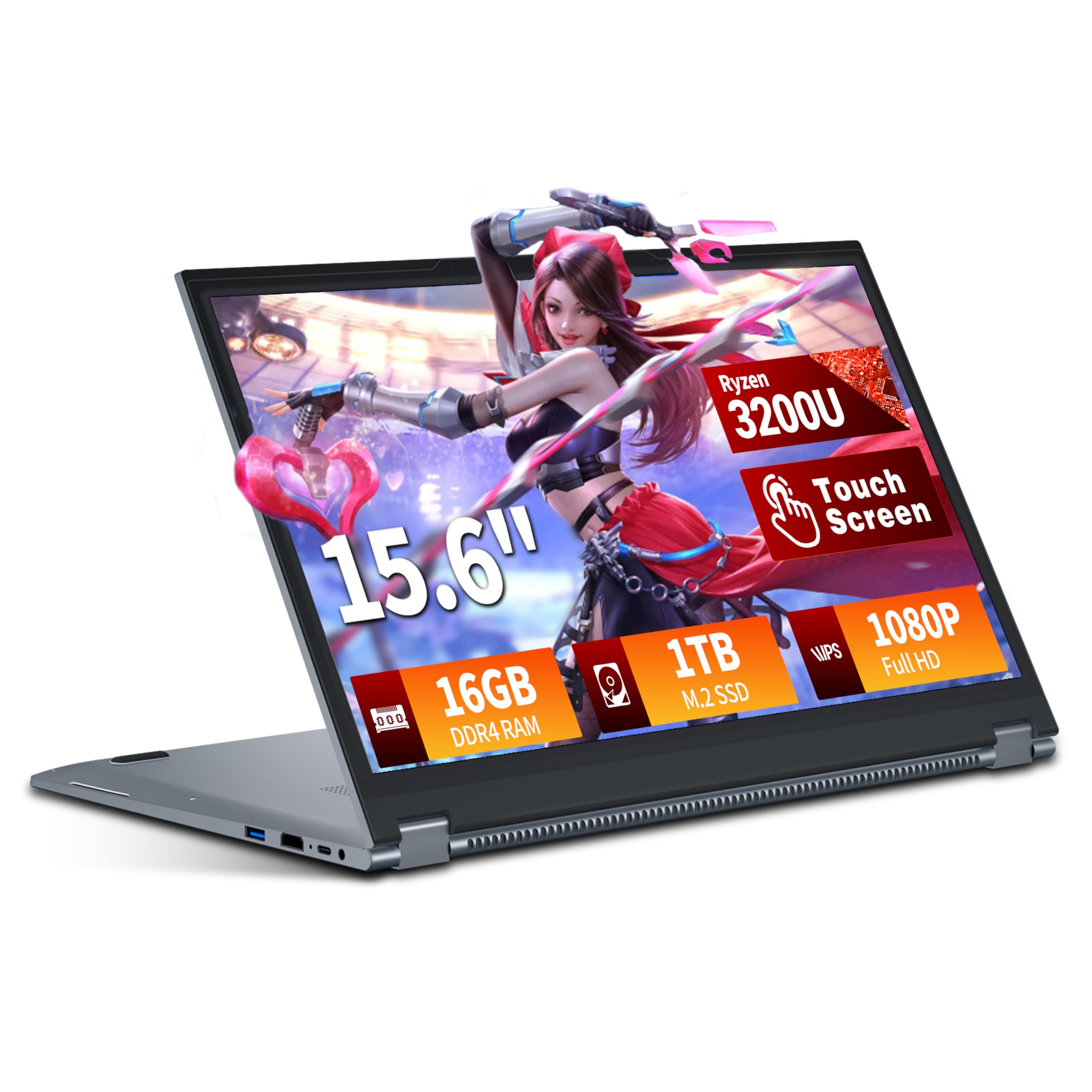 2 en 1 Ordenador Portátil 15,6 Pulgadas con Pantalla Táctil Procesador, Ryzen R3-3200U PC Portátil 16GB RAM 1TB SSD 360° Pantalla Táctil Win 11 Laptop FHD IPS RJ45 Teclado Retroiluminado HDMI