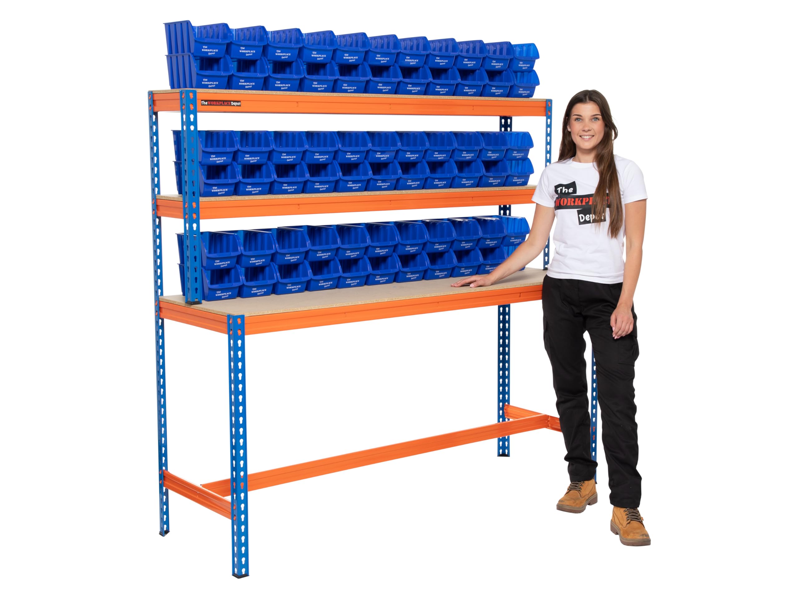 Large Garage Workbench, Heavy Duty 400kg UDL Blue/Orange Workstation with MDF Shelves (with x70 Medium Blue Bins)