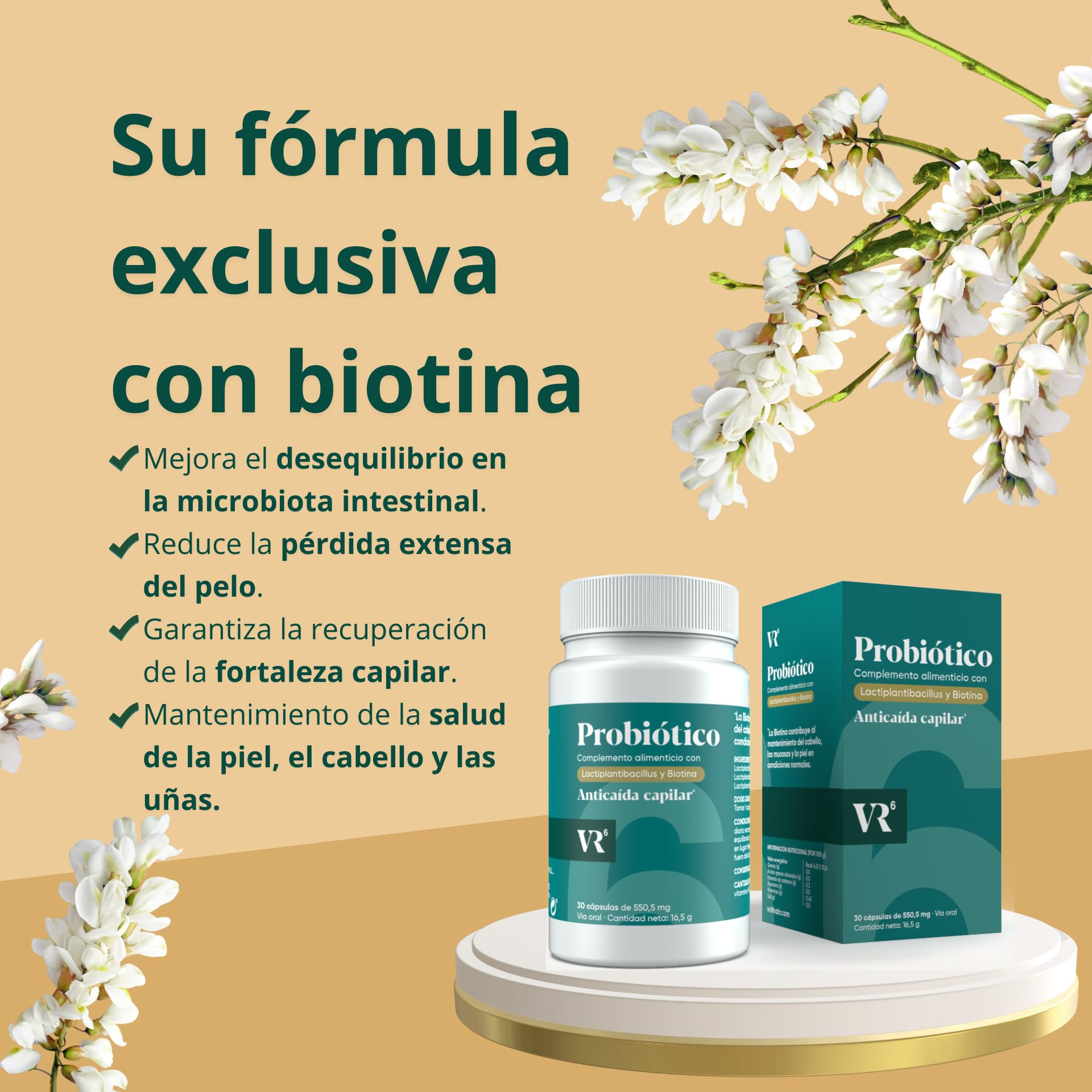 VR6 - Probiótico Anticaida Capilar con Biotina para el Cabello. Estimula el Crecimiento del Pelo y Mejorar la Disbiosis Intestinal. Vitaminas para el Cabello Piel y Uñas Mujeres y Hombres 45 und