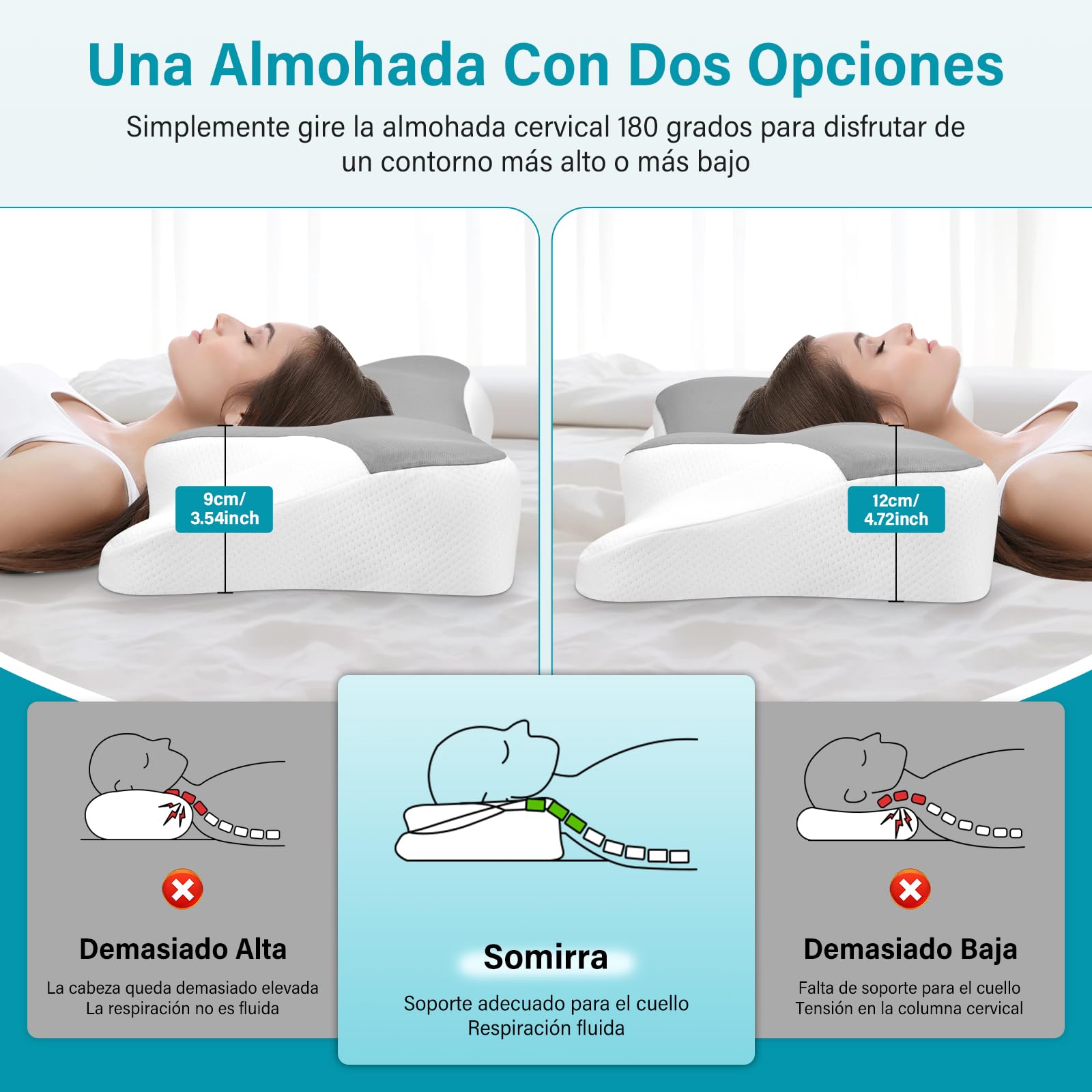 Almohada Cervicales y Cuello, Almohada Cervical en 2 Alturas, Almohada Viscoelastica con Funda de Almohada Extraíble para Dormir de Lado, Boca Arriba y Boca Abajo, 66x37x9/12cm (Plata)
