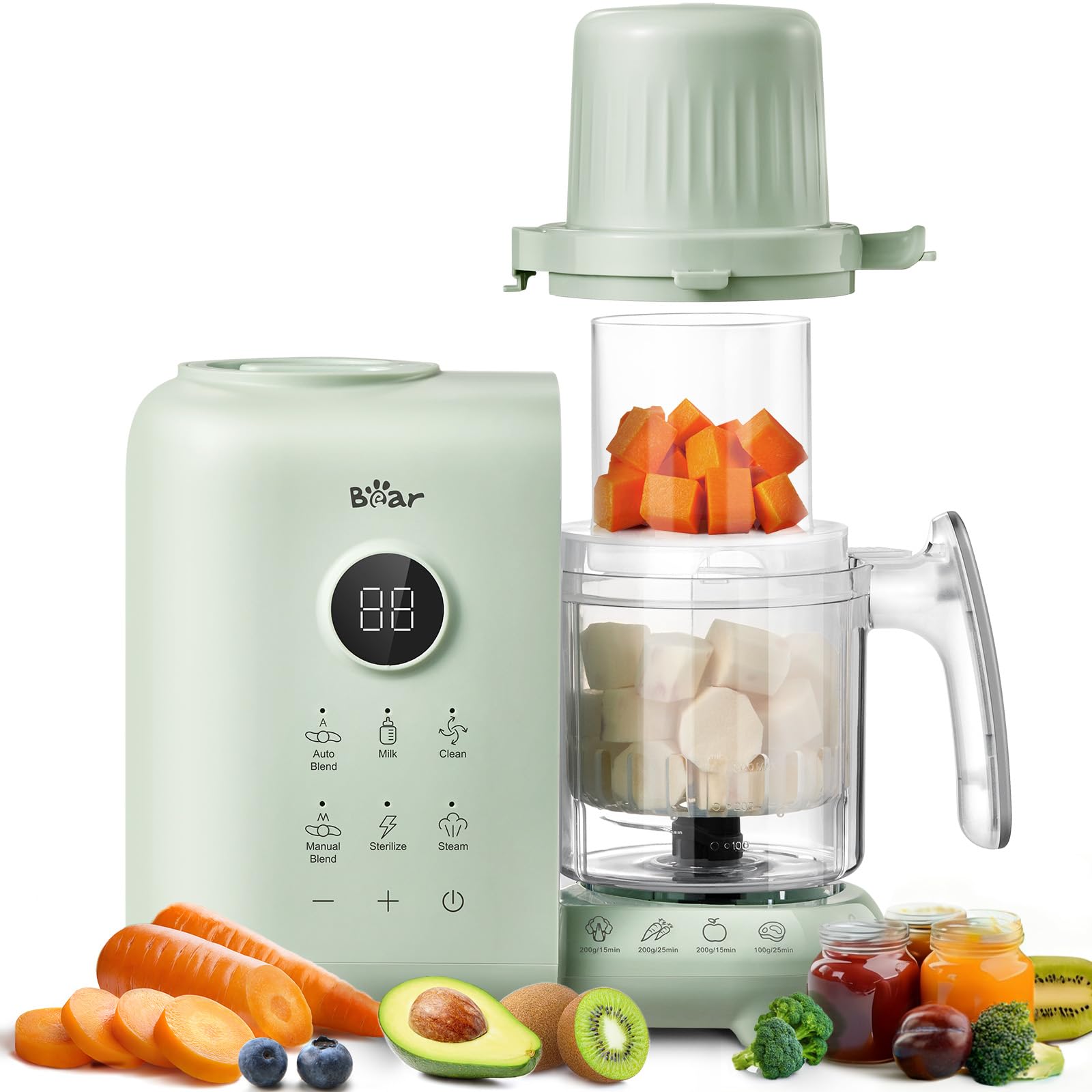 Bear Cuocere a vapore 6 in 1 con mixer Premium per alimenti per bambini, a vapore, mescolamento automatico, riscaldamento del latte, disinfezione, funzione autopulente, funzione di pulizia automatica