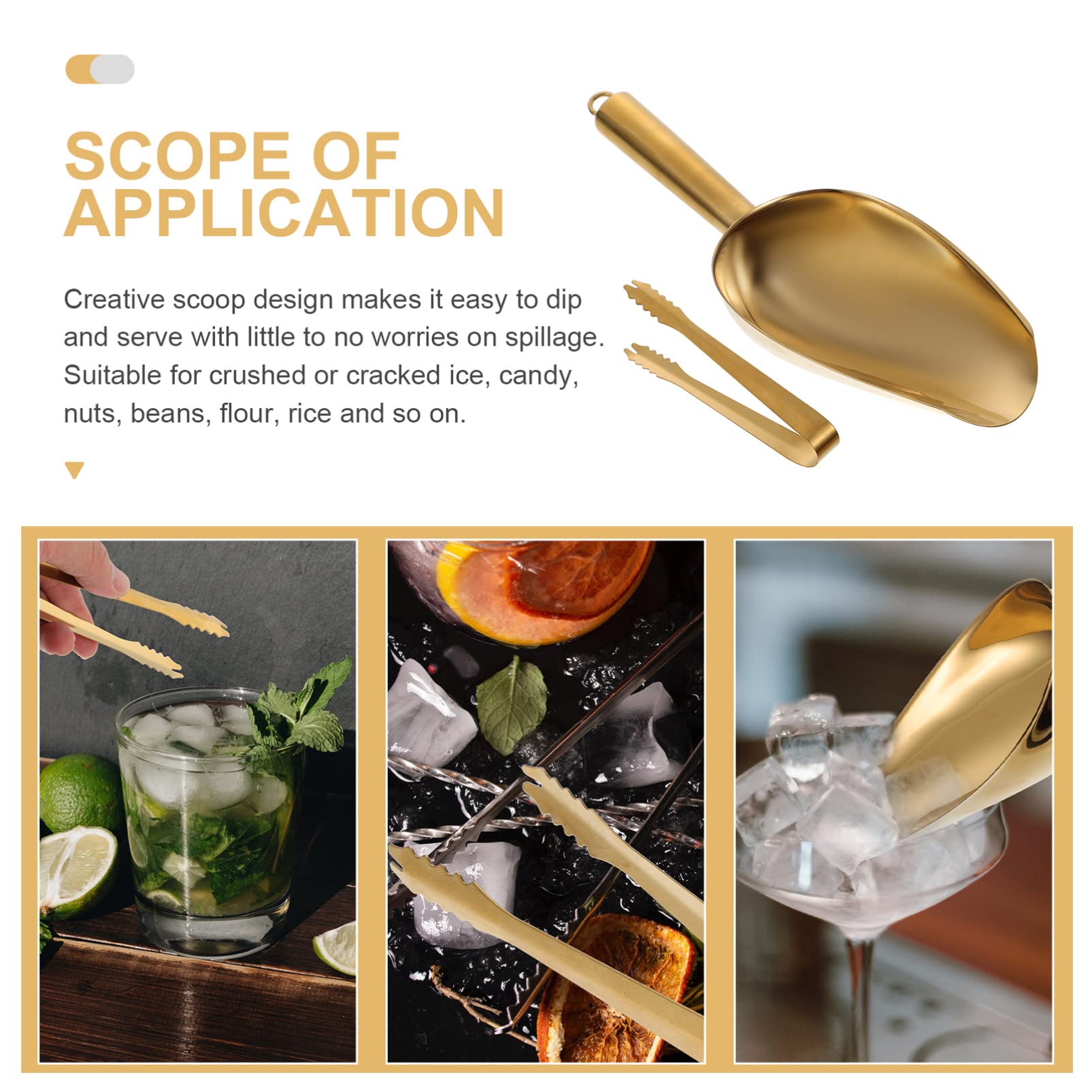 Golden Ice - Pinzas y pala de acero inoxidable para cubitos de hielo con, pala para cubitos de hielo, cuchara de cocina para contenedor de hielo, té, café, harina de granos