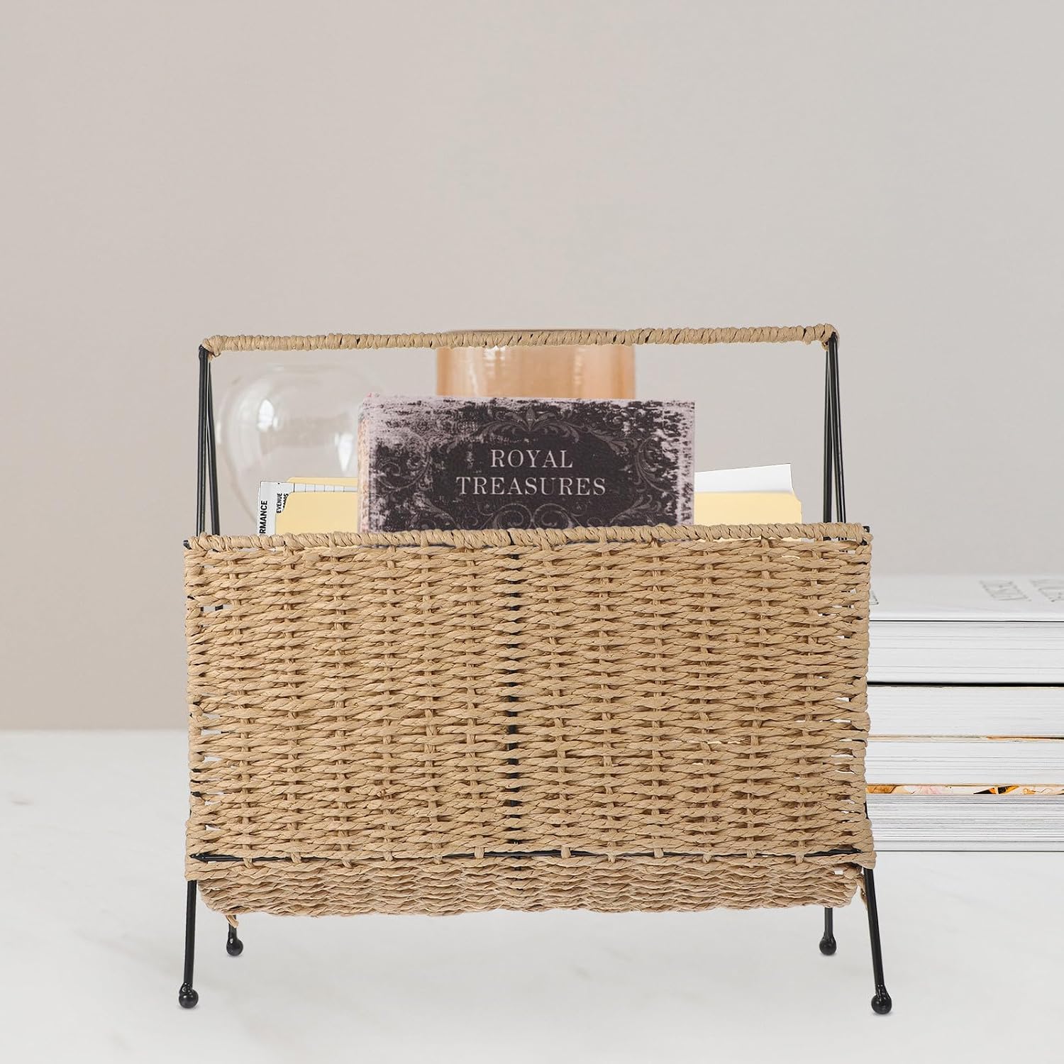 BESPORTBLE Rustic Hand Woven Storage Basket Organizer with Handles for Snacks and Small Items, Multi-functional Iron and Paper Rope Basket Holder for Home and Office