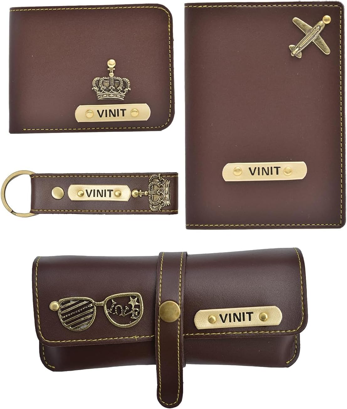Personalized All in One Men's Combo Gift (4 pcs) Customized Leather Wallets, Key Chain, Eyewear Case and Passport Cover with Name and Charm