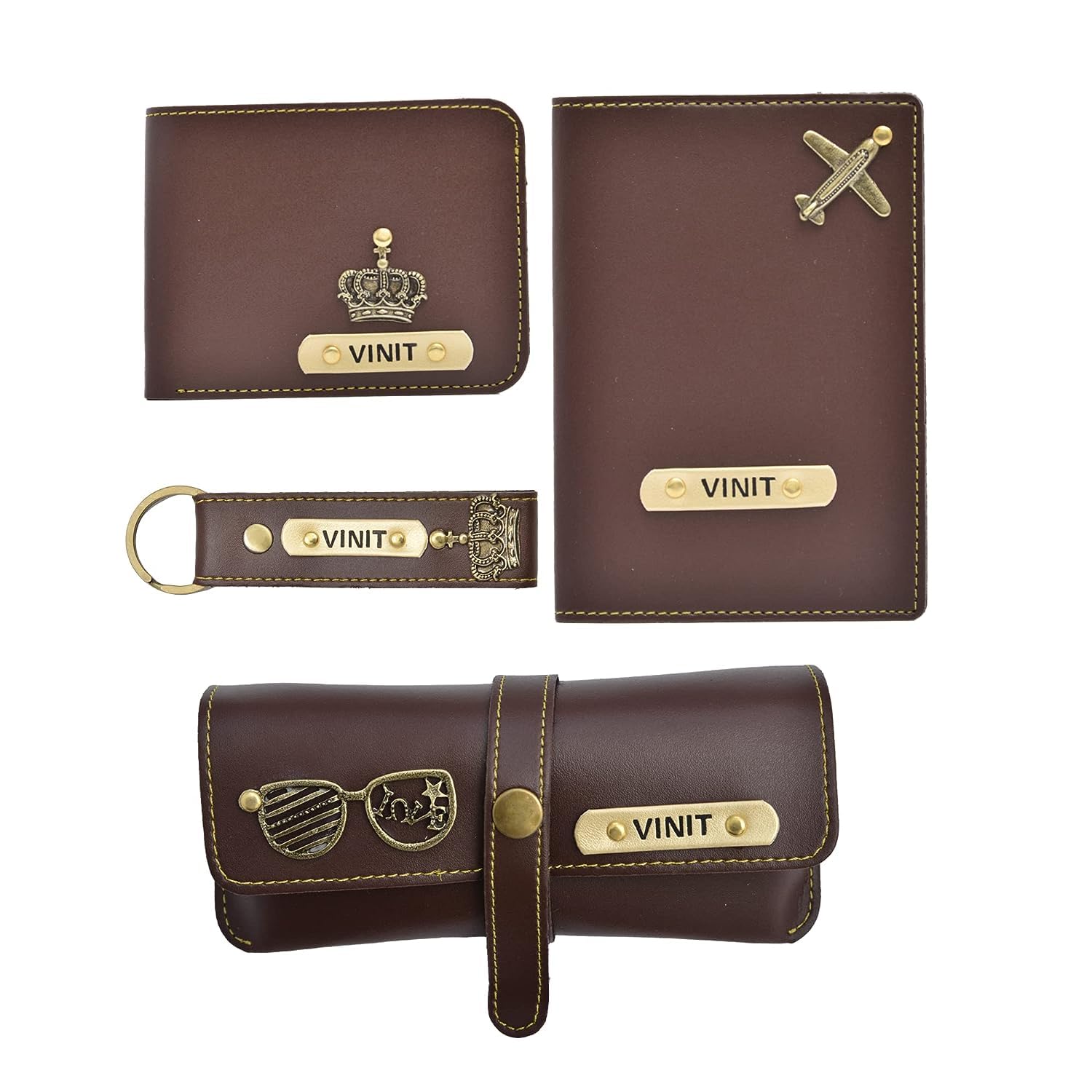 Personalized All in One Men's Combo Gift (4 pcs) Customized Leather Wallets, Key Chain, Eyewear Case and Passport Cover with Name and Charm