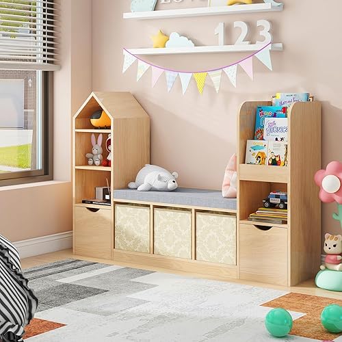 Miniatura 4 de Estantería y estantería para niños con rincón de lectura, organizador de almacenamiento de juguetes, estantería de roble con 7 cubos de