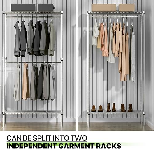 Miniatura 6 de Magshion Armario portátil independiente de 66 pulgadas, perchero ajustable con estantes, perchero de ropa resistente, color plateado