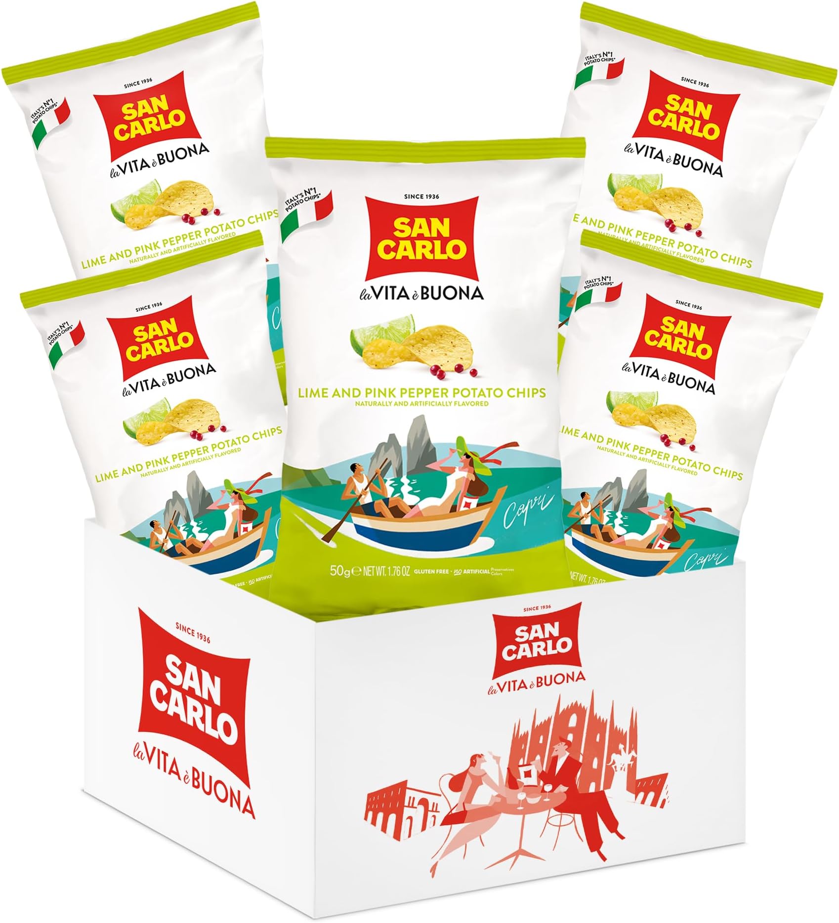 San Carlo Multi Pack 5X Lime&Pink Pepper n°1 Italian Potato Chips - 150gr - for Snacking Bliss