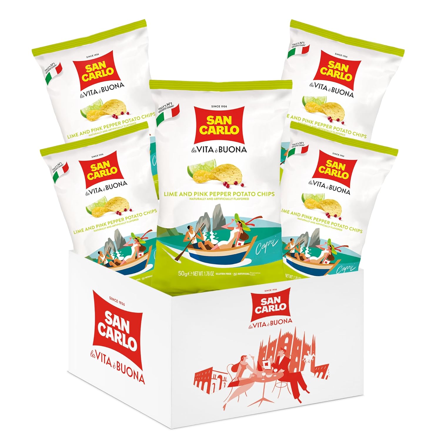 San Carlo Multi Pack 5X Lime&Pink Pepper n°1 Italian Potato Chips - 150gr - for Snacking Bliss