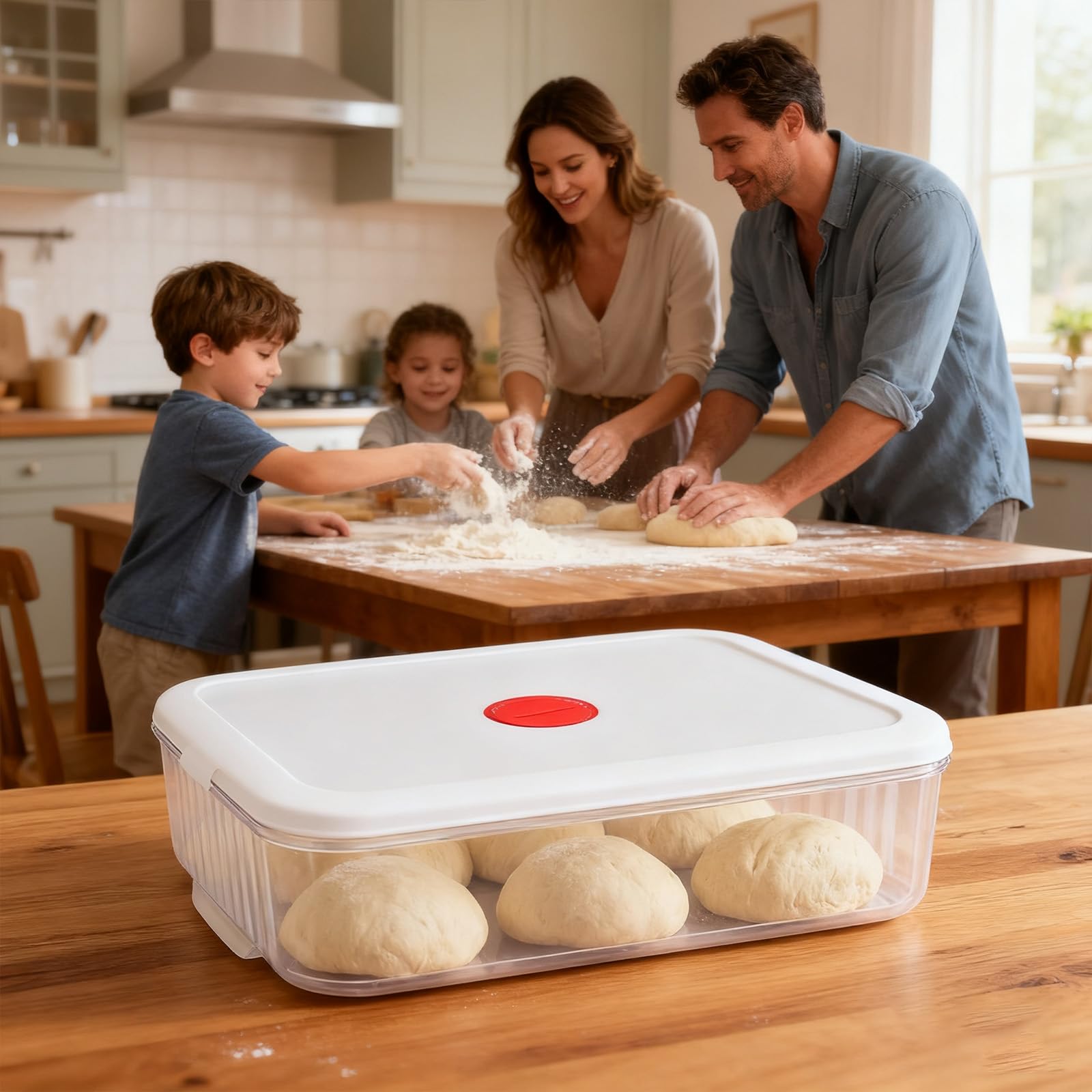 Pizzateig Box mit Deckel 31 x 23 x 9 cm, Backset mit 3 Helfern | Transparenter Teigbehälter zeigt die Teigentwicklung und ergänzt das Vorbereiten von Pizza oder Brot mit drei Backhelfern.