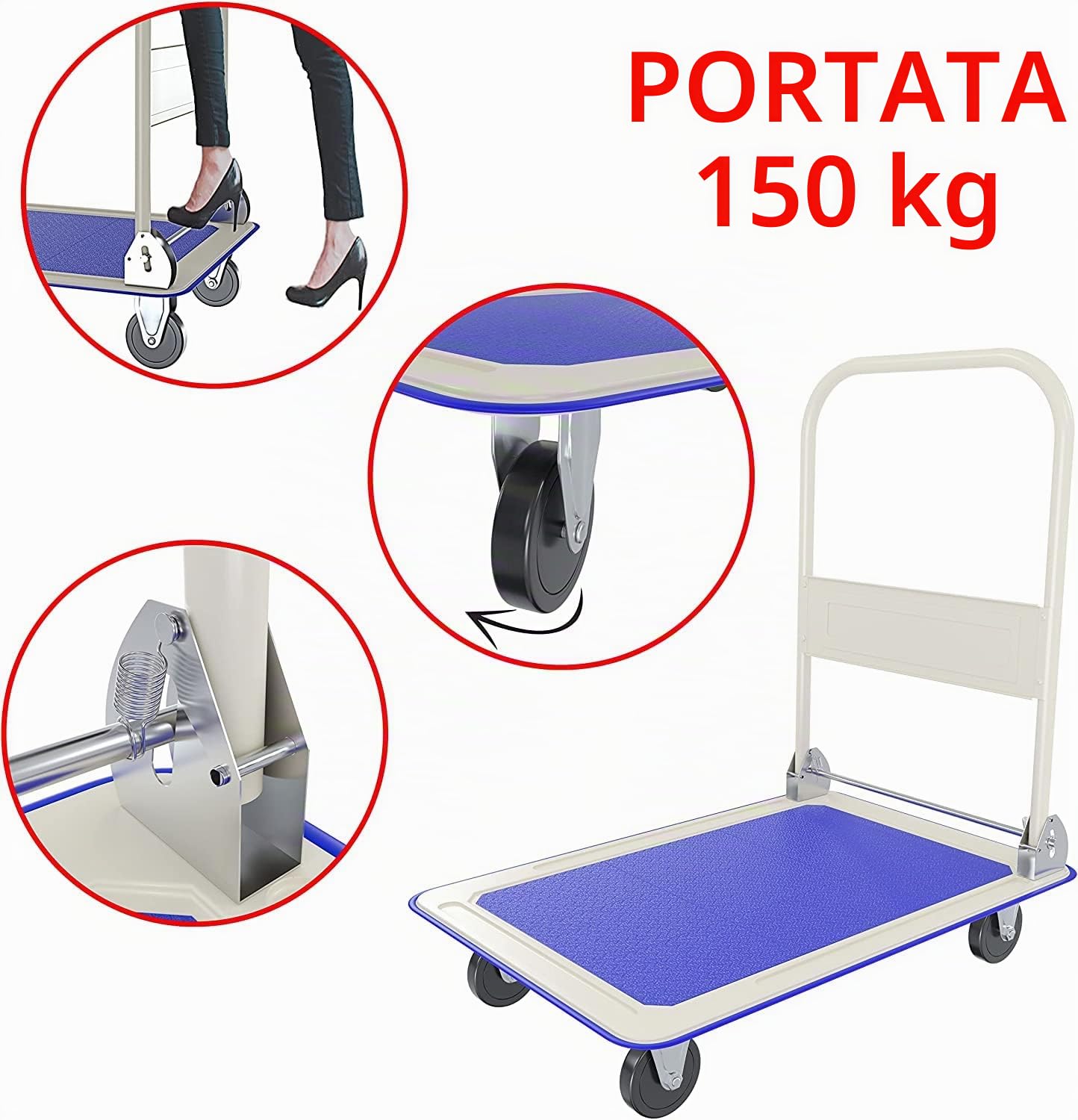 Carrello Pieghevole Tuttofare Richiudibile Portata Max 150 Kg Con 4 Ruote Carrellino Trasportatore Piattaforma Con Pianale In Acciaio E Rivestimento Antiscivolo Portapacchi 82 x 48 x 72 Cm Blu
