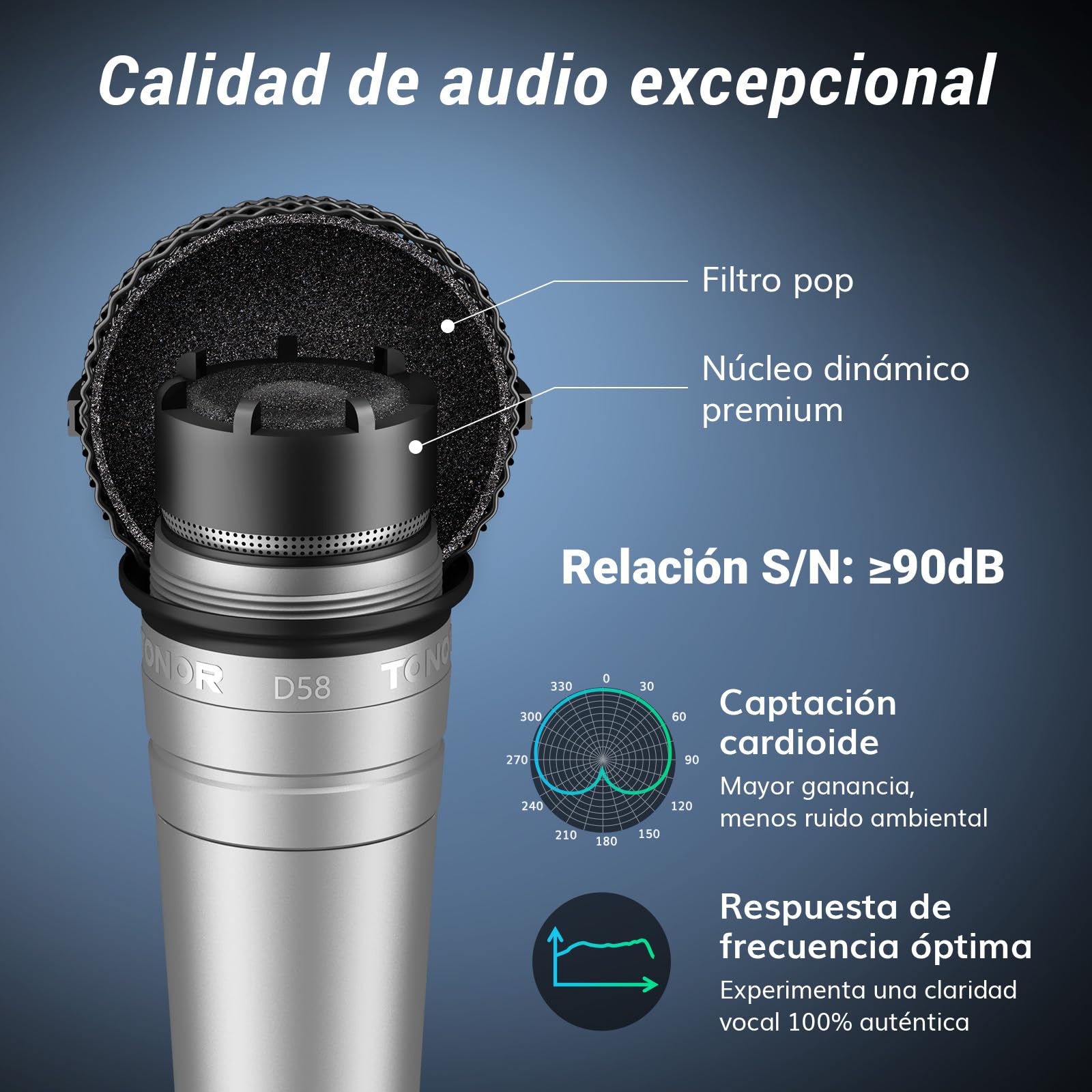 TONOR Micrófono Vocal dinámico cardioide, Cable, Filtro Pop Integral y Rejilla esférica, reducción de Ruido, Salida XLR de 6.35 mm, Ideal para Canto, escenarios y grabaciones, Modelo D58, Plateado