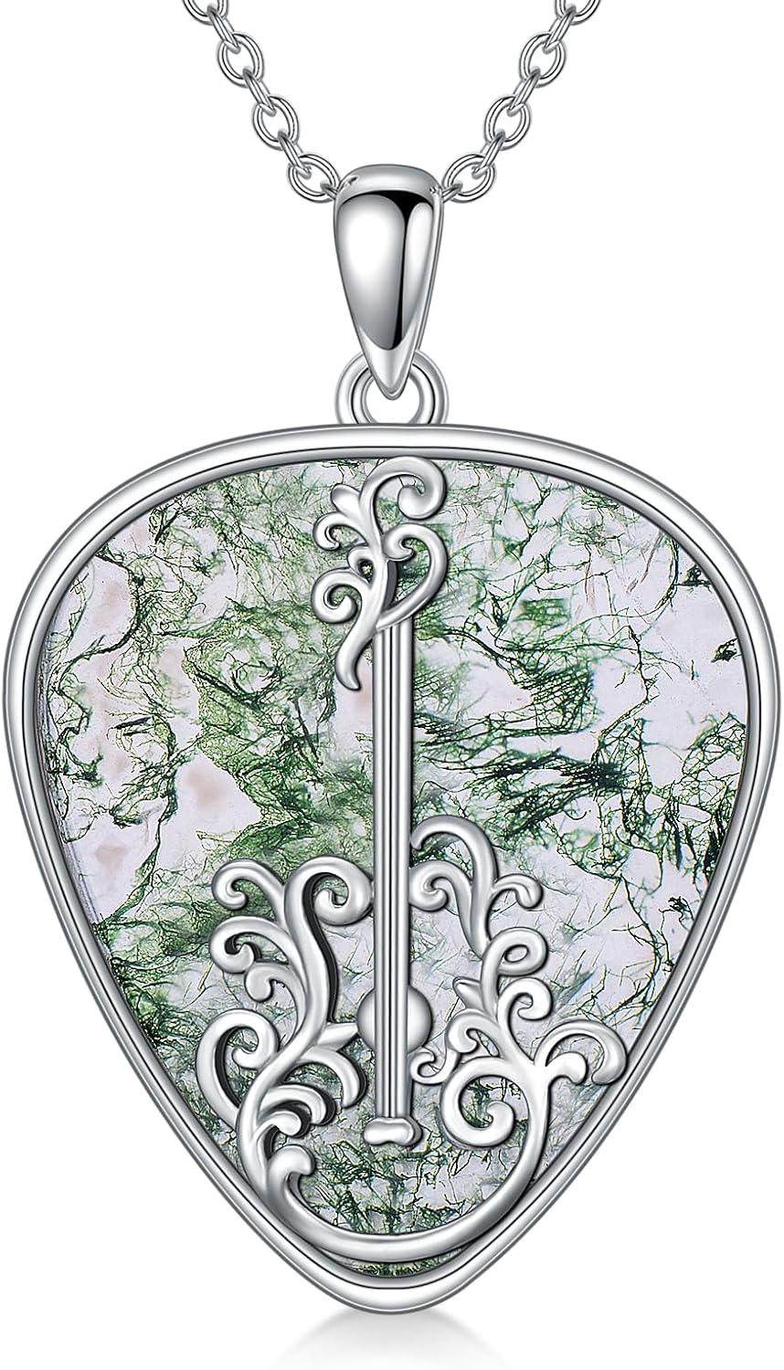 Guitar Necklace 925 Sterling Silver Moss Agate Necklace Guitar Pick Pendant Music Jewelry for Women