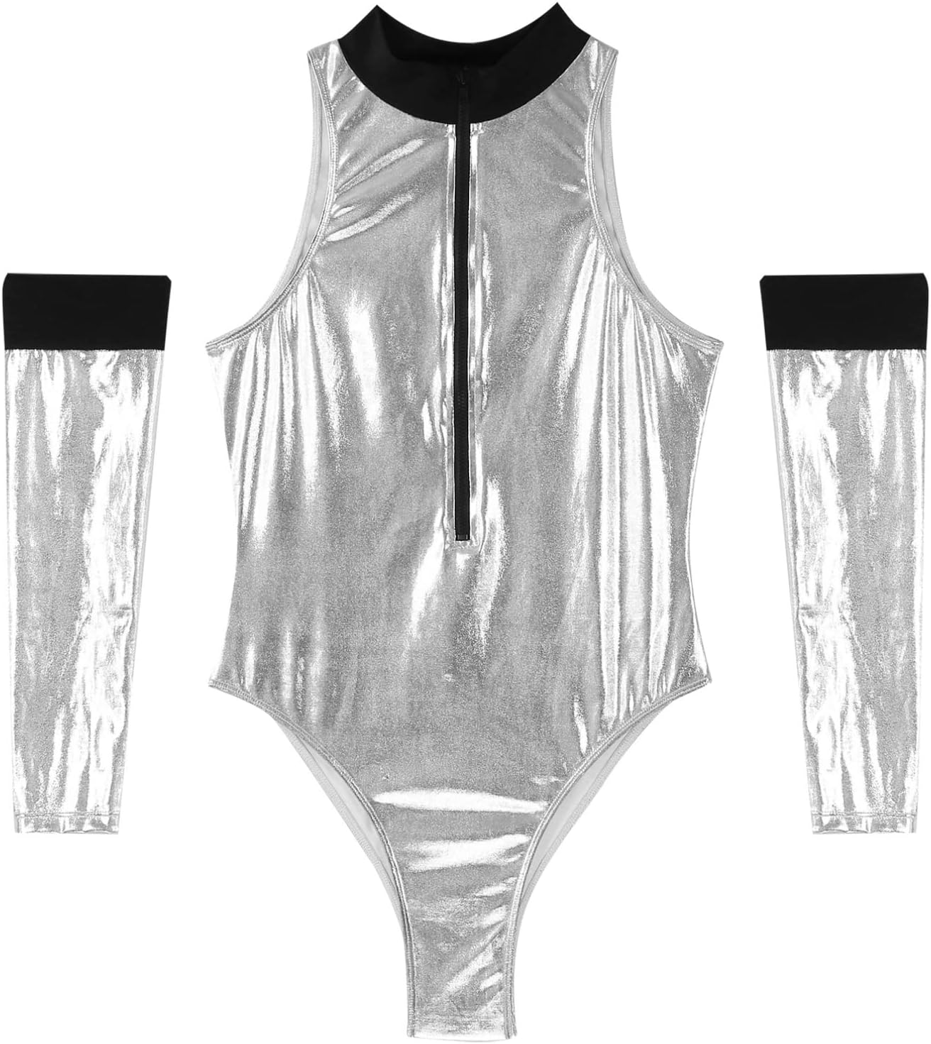 TiaoBug Women's Shiny Metallic Halloween Space Alien Cosplay Costume Jumpsuit with Oversleeve Outfit
