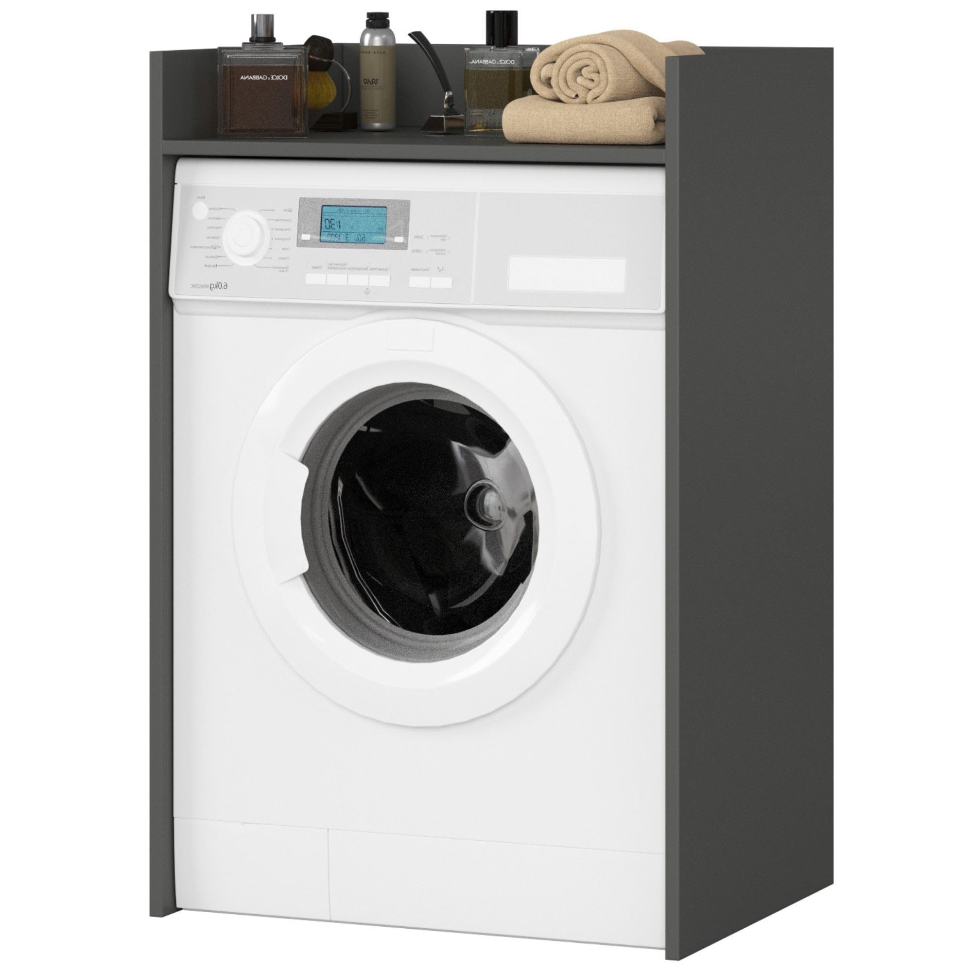 AKORD Waschmaschinenschrank 64cm geeignet für Waschmaschine & Wäschetrockner, Waschmaschinenschrank 64cm Überbauschrank, Badezimmermöbel Größe 64x98x50 cm, Graphitgrau & Graphitgrau