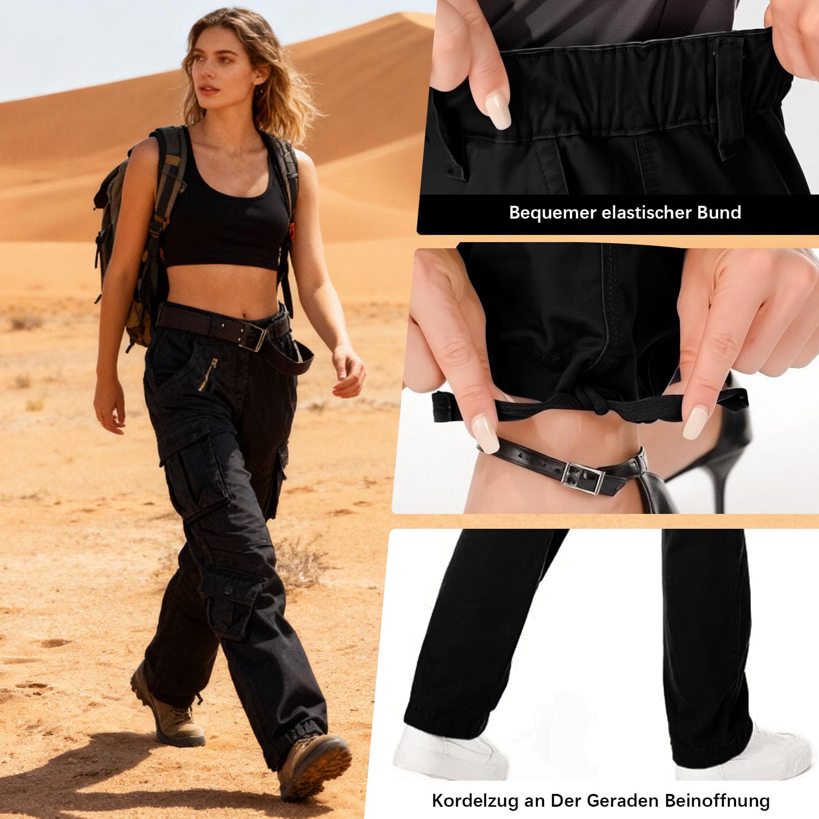 Damen Hosen Cargo Hose Multi Taschen Wanderhose Workwear Reißverschluss Armee Militär Outdoorhose Relaxed-Fit Trekkinghose Cargohose