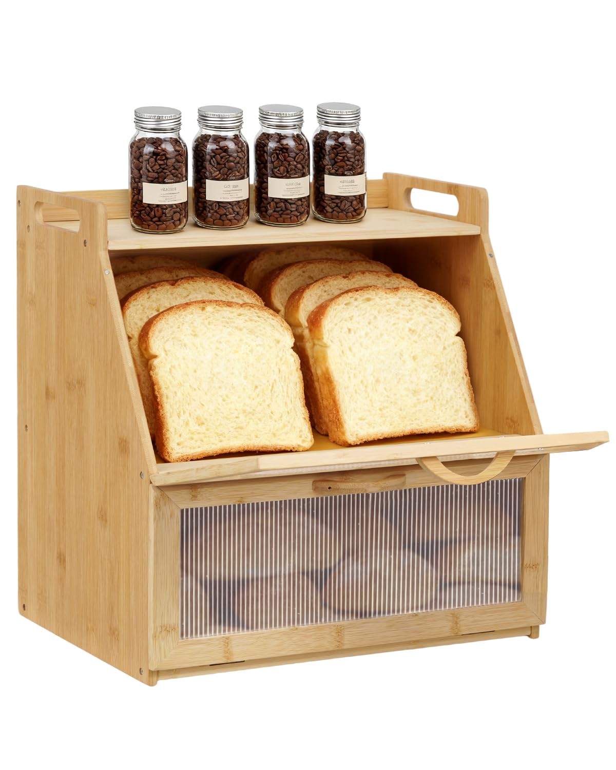 Panera de bambú, almacenamiento de pan de 2 niveles, contenedor de pan de gran capacidad para una mayor frescura, elegante panera de cocina con ventilación para pan y tostadas