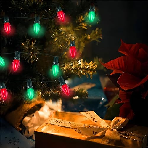 Miniatura 5 de C7 - Tira de luces de Navidad para exteriores, 25 pies, estilo vintage, con 27 bombillas rojas y verdes transparentes (2 de repuesto), luces de
