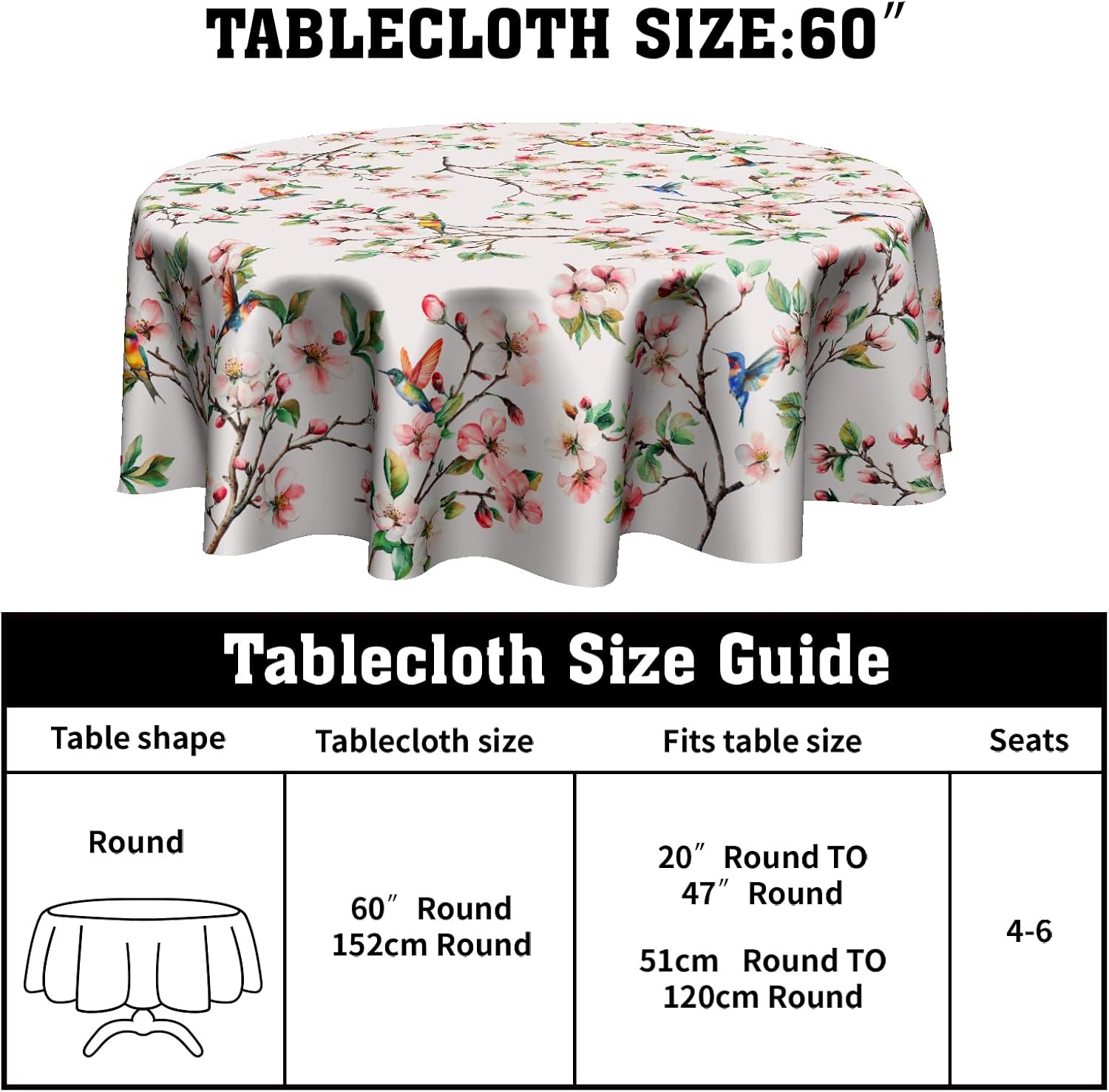 Hummingbird Round Tablecloth 60 Inch - Floral Birds Table Cloths Spring Summer Flowers Circle Table Cover for Home Kitchen Dining Party Camping Pinic image 3