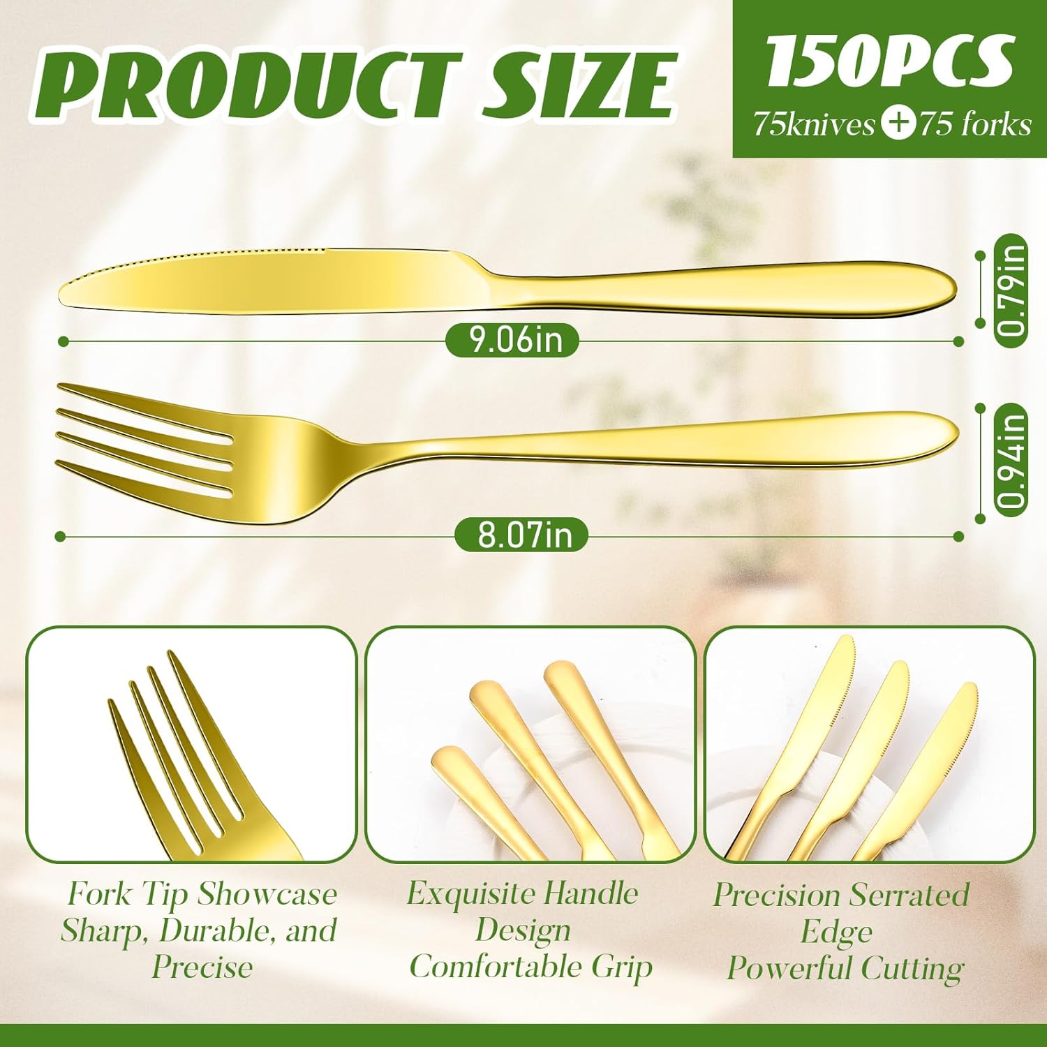 Nuenen 150 Pcs Stainless Steel Set 75 Dinner Forks and 75 Knives, Metal Steak Knives Forks Flatware Tableware Cutlery Set for Home Restaurant (Gold,9.06 x 0.79 Inches,8.07 x 0.94 Inches)