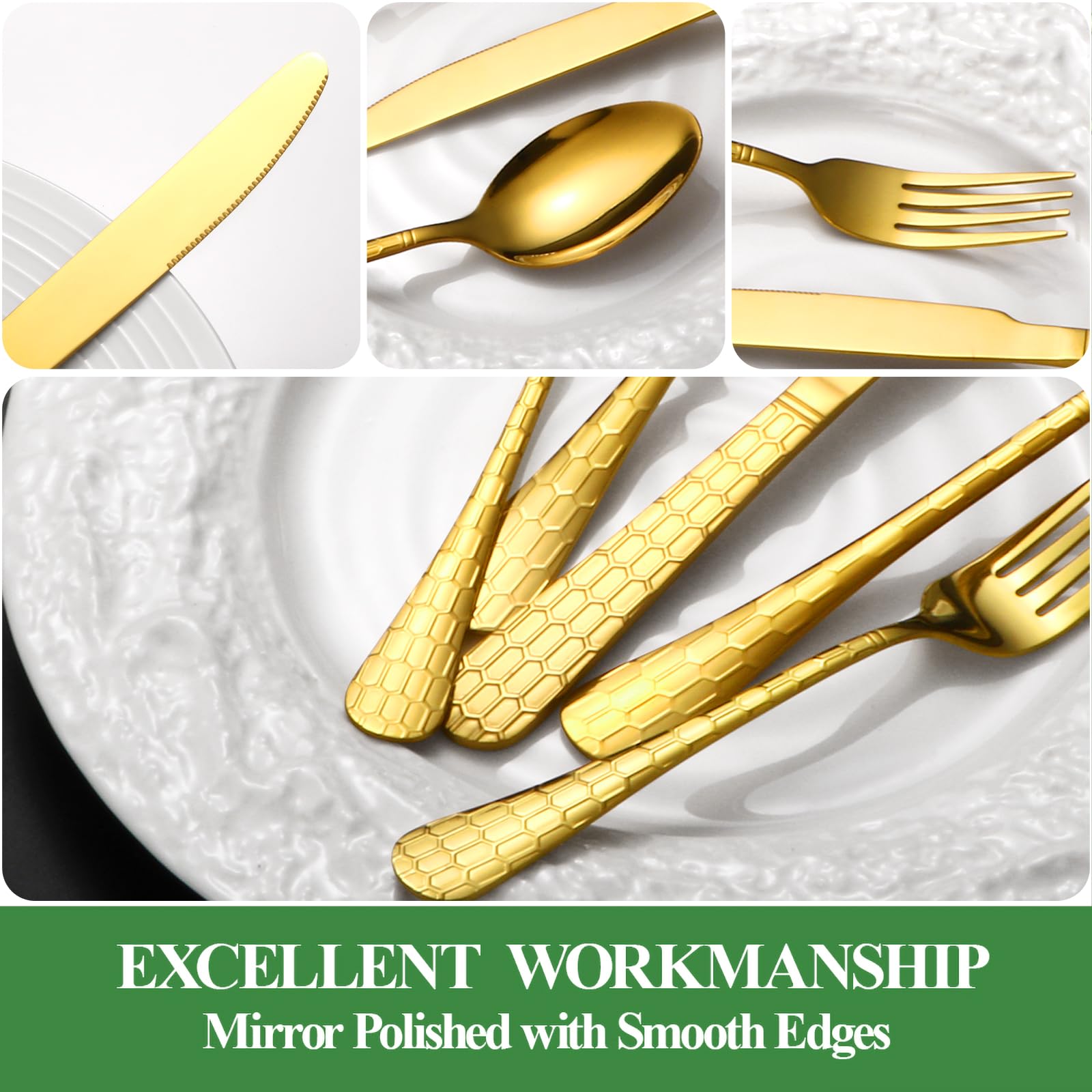 20 Pcs Gold Silverware Set for 4, Food Grade Stainless Steel Flatware Set, Eating Utensils Sets Include Fork/Knife/Spoon, Reusable Cutlery Set for Home Kitchen, Dishwasher Safe, Round Hammered — Amazon image 4
