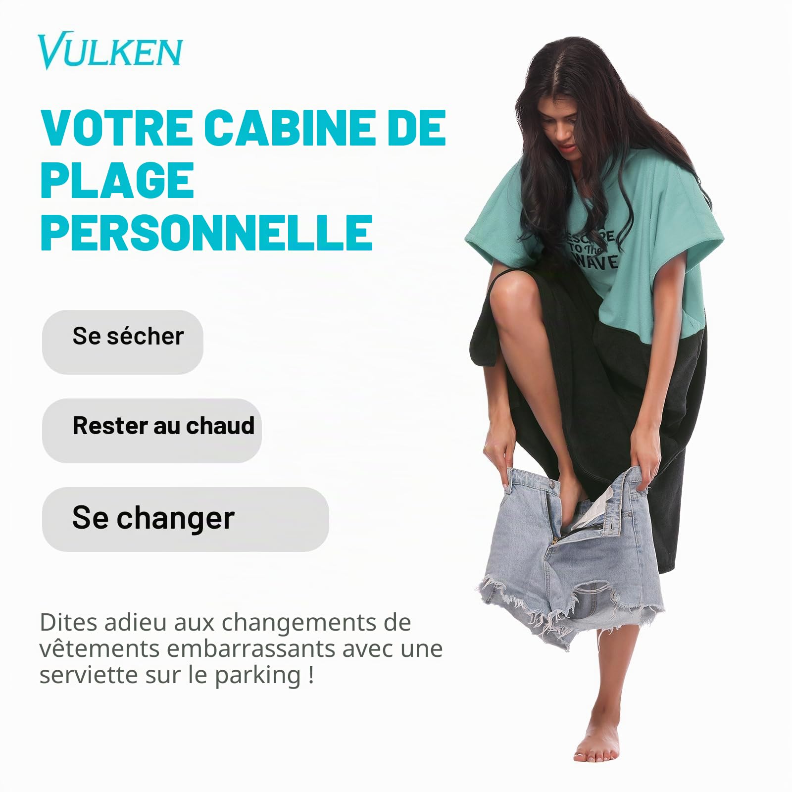 Vulken Peignoir à capuche pour femme Poncho de surf pour se changer à l’abri des regards Taille S/M Bleu pétrole