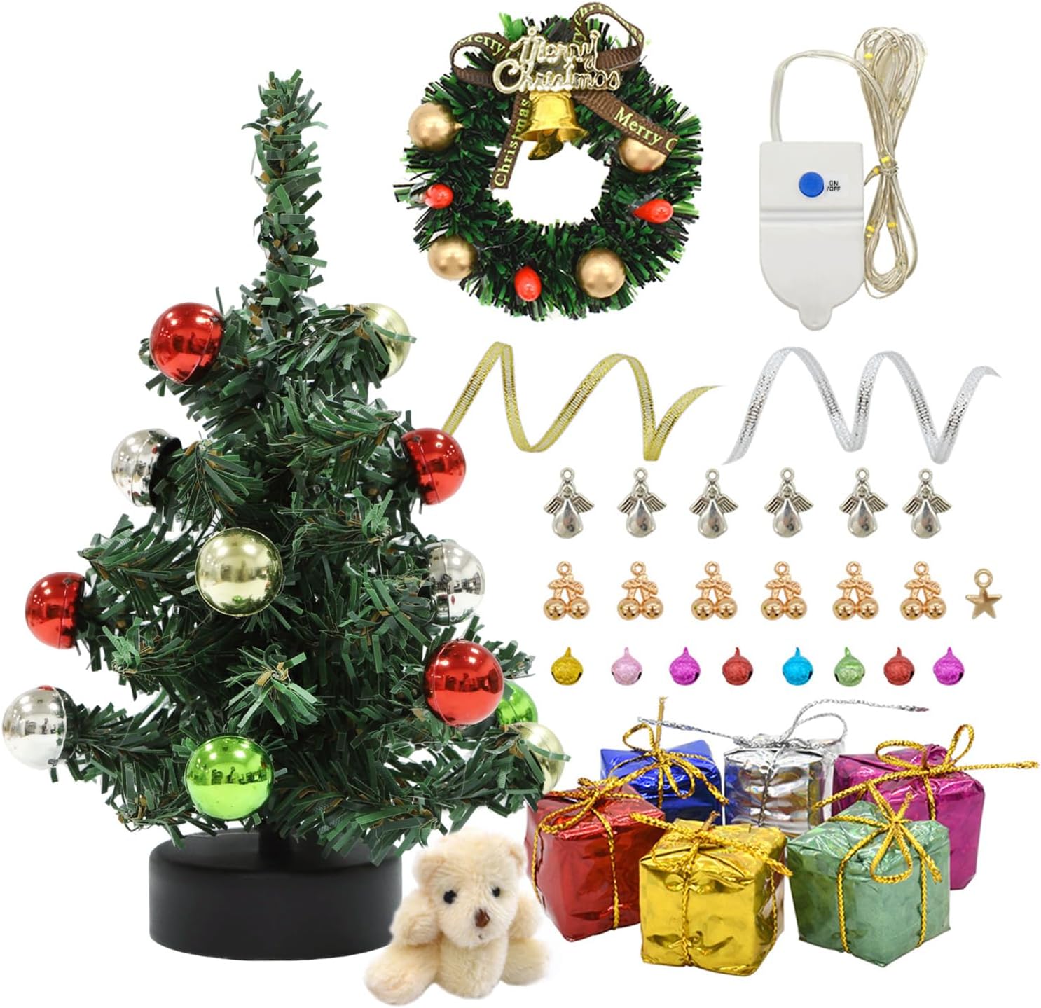 iLAND Dollhouse Accessories Mini Christmas Tree with Lights 6 inch Dollhouse Christmas Decorations CuteTiny Xmas Tree Miniature Decor 1/12 Scale Accessories Shining Small Gifts
