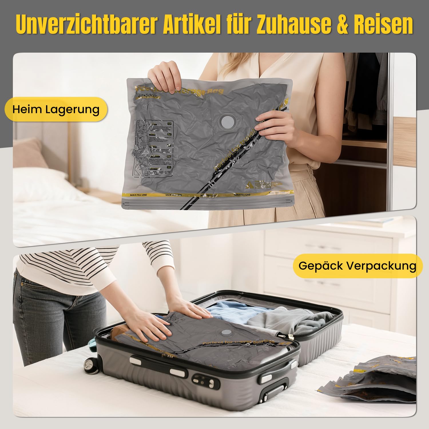 Vakuumbeutel für Kleidung mit Kabellose Vakuumpumpe – 15er Set Vakuumbeutel Reise (40×40/40×50/40×60 cm), ideal für Reise & Aufbewahrung – Vacuum Bags for Clothing Travel & Storage