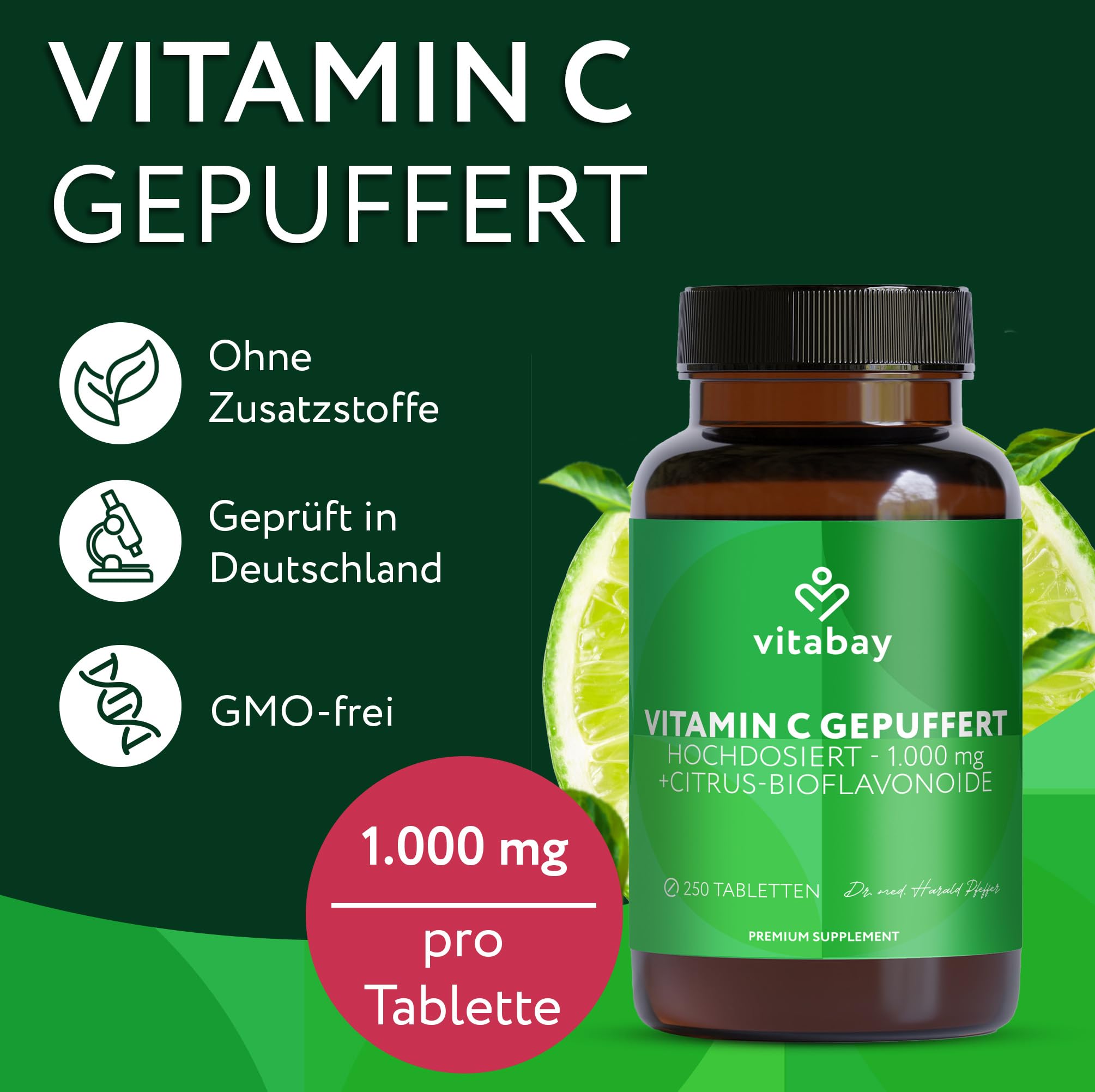 Vitabay Vitamin C 1000 mg – 250 vegane Time Released Tabletten – gepuffertes Vitamin C mit Citrus-Bioflavonoiden – ohne unnötige Zusätze, laborgeprüft – Vorrat für 250 Tage
