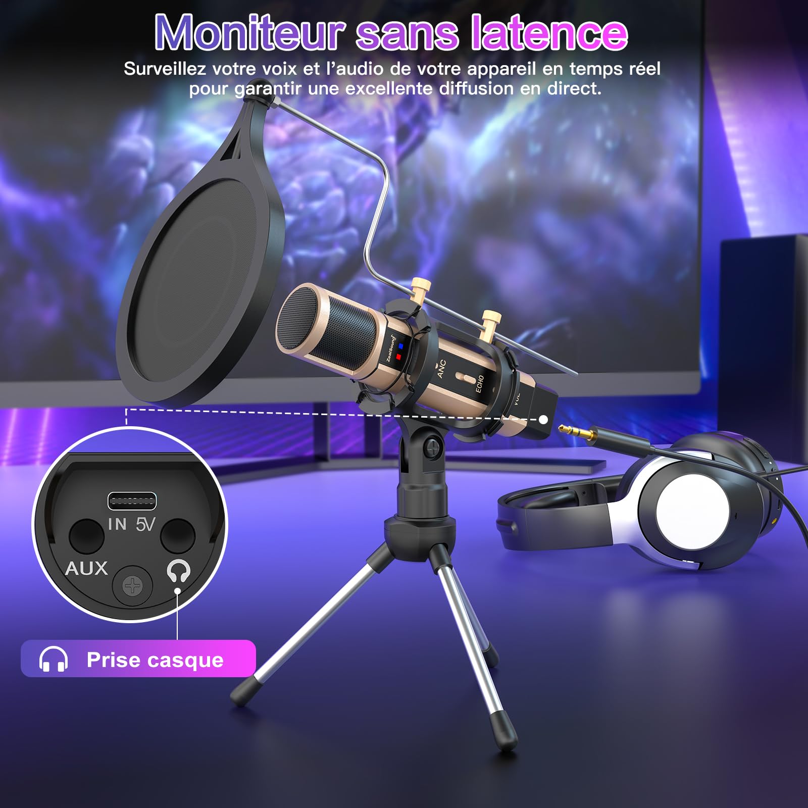 ZealSound Micro PC Téléphone,Mini USB Microphone à Condensateur pour iPhone/Mac/Ordinateurs/PS4&5, Micro Cardioïde pour Gamer, Podcast, Doublage Voix, Enregistrement, Youtuber,Créateur de contenu,ASMR