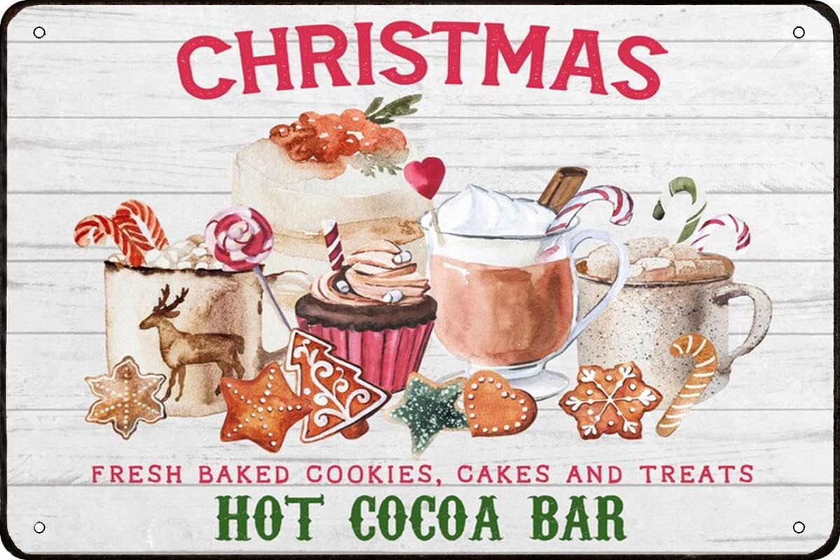 Christmas Hot Cocoa Bar Sign Fresh Baked Cookies Cakes Treats Christmas Vintage Metal Sign Retro Tin Sign Art Home Decoration for Living Room Shop Wall Decor 8x12inch