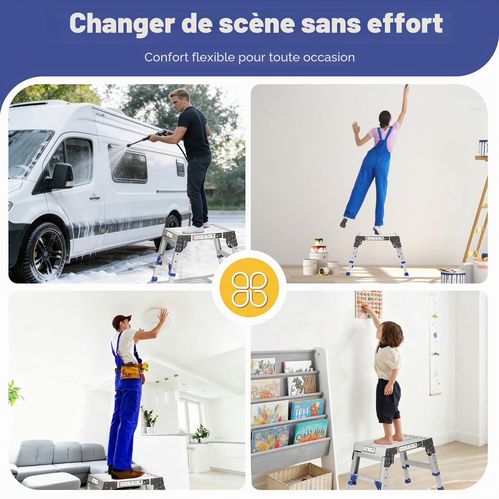 Marchepied pliable en aluminium robuste (jusqu'à 362 kg), marche réglable en hauteur sur 3 positions (32-42 cm), antidérapant, pour camping-car, garage et coffre de toit