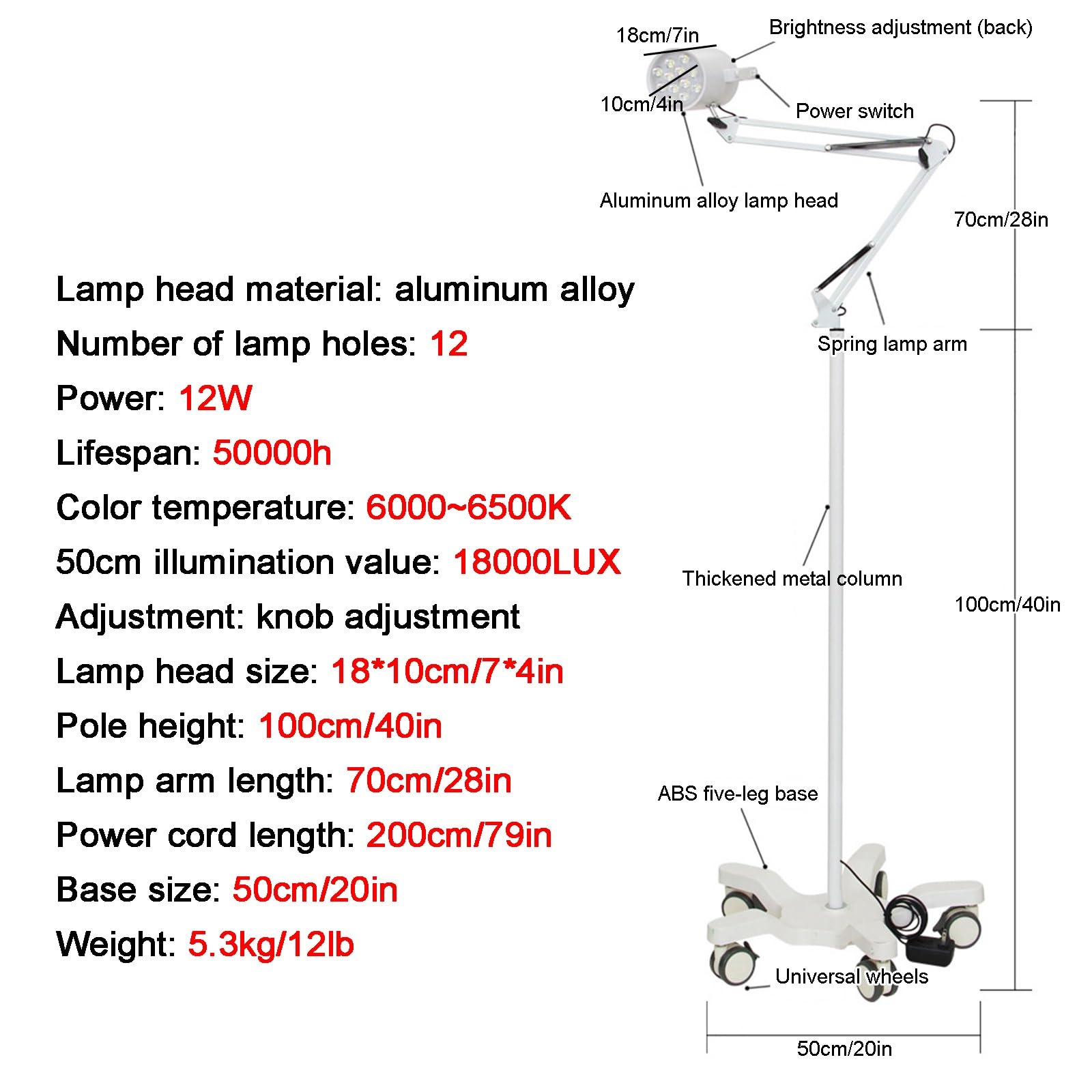 12 W Chirurgische LED Untersuchungslampe, Op Untersuchungsleuchte Mobile, 12 Loch Untersuchungslampe für Zahnärzte, mit Federlampenarm und Metalllampenschirm
