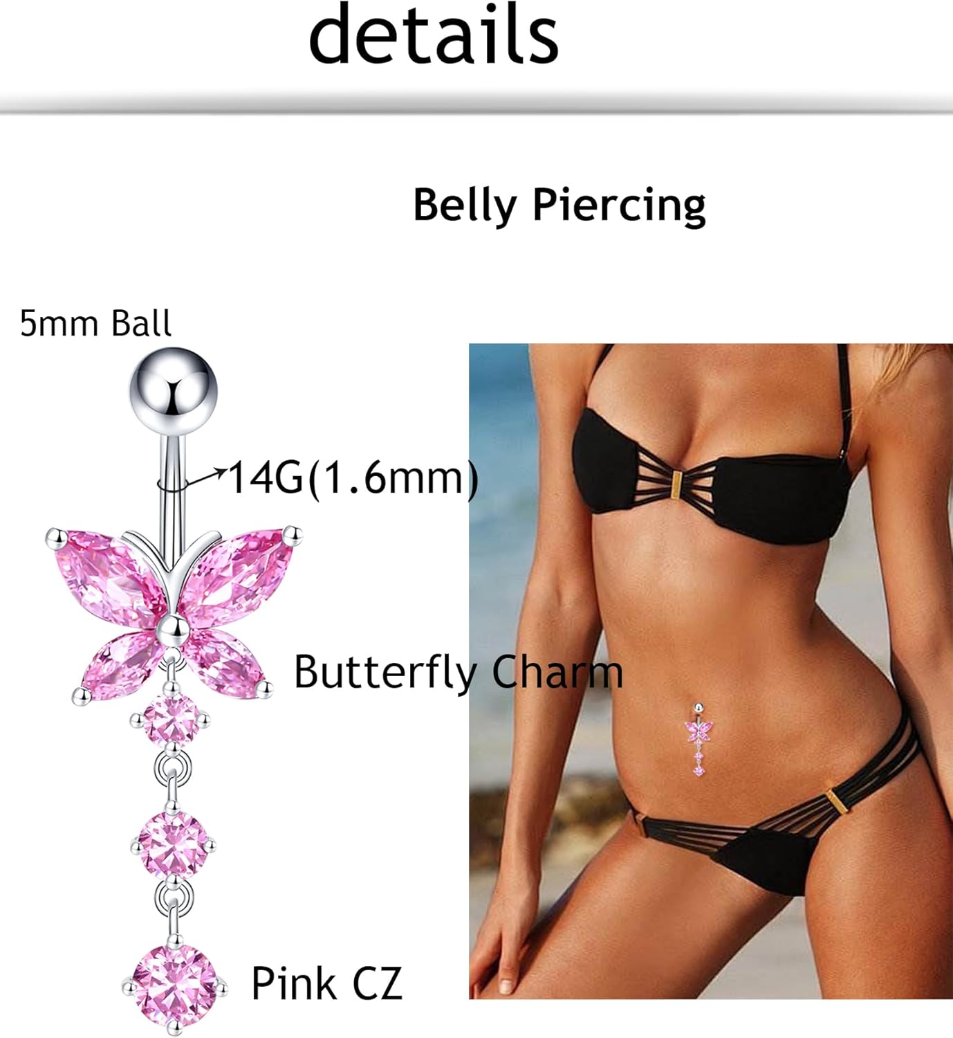6Pcs Belly Button Ring Dangle Navel Belly Piercing Jewelry Bow Heart Butterfly Flower Navel Belly Rings Stainless Steel Dangling Jewelry 14G Cute Pink White CZ for Women - Image 2