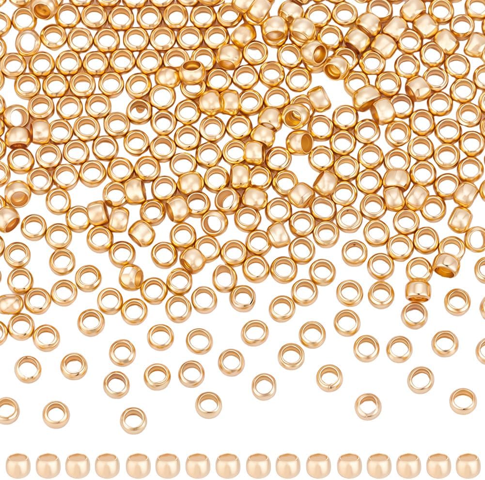 Beebeecraft 300Pcs 2mm 14K Gold Filled Brass Crimp Beads Positioning Spacer Beads Metal Rondelle Loose Beads with Storage Box for DIY Necklace Bracelets Anklets Making