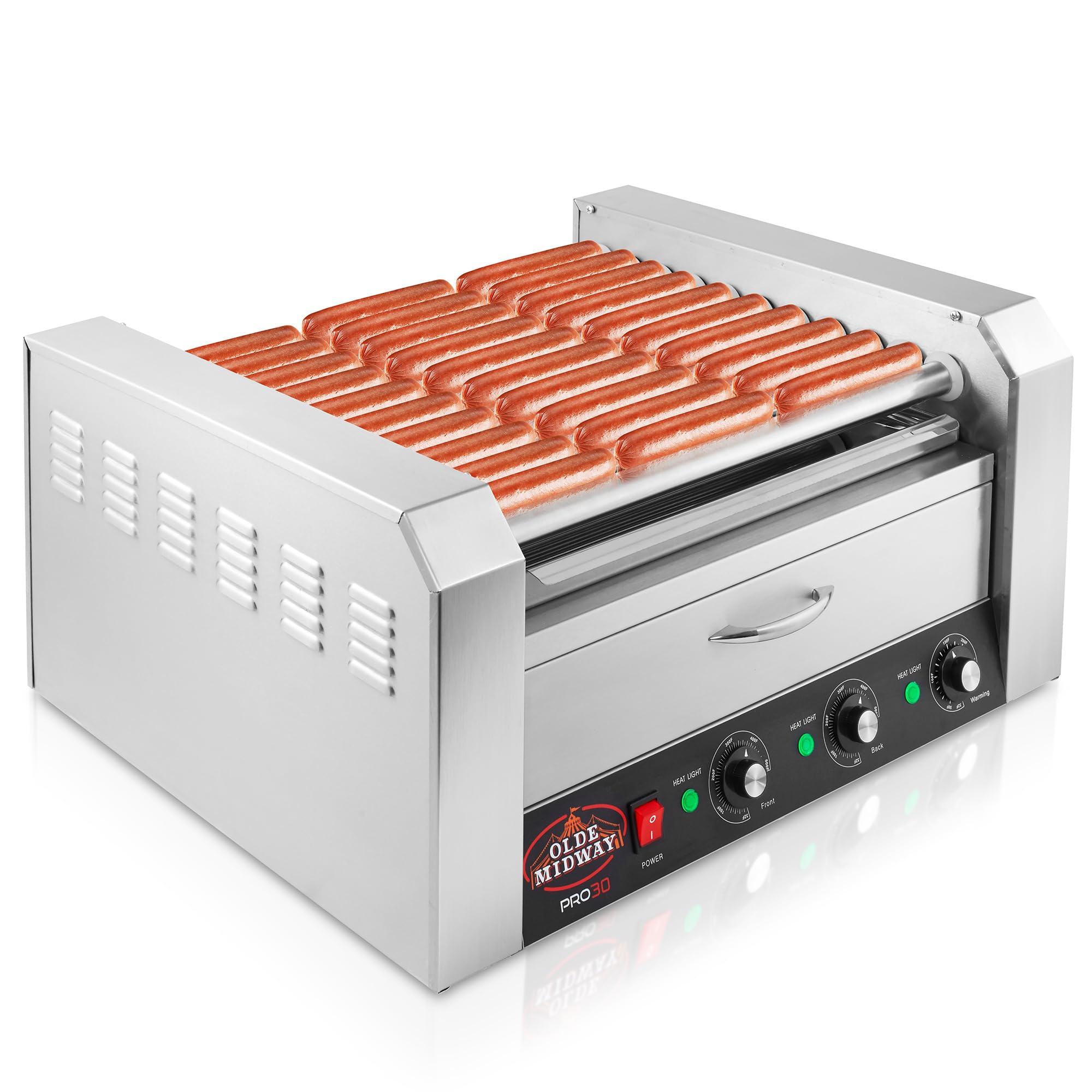 Olde Midway Electric 30 Hot Dog 11 Roller Grill Cooker Machine with Bun Warming Drawer - Commercial Grade, Stainless Steel
